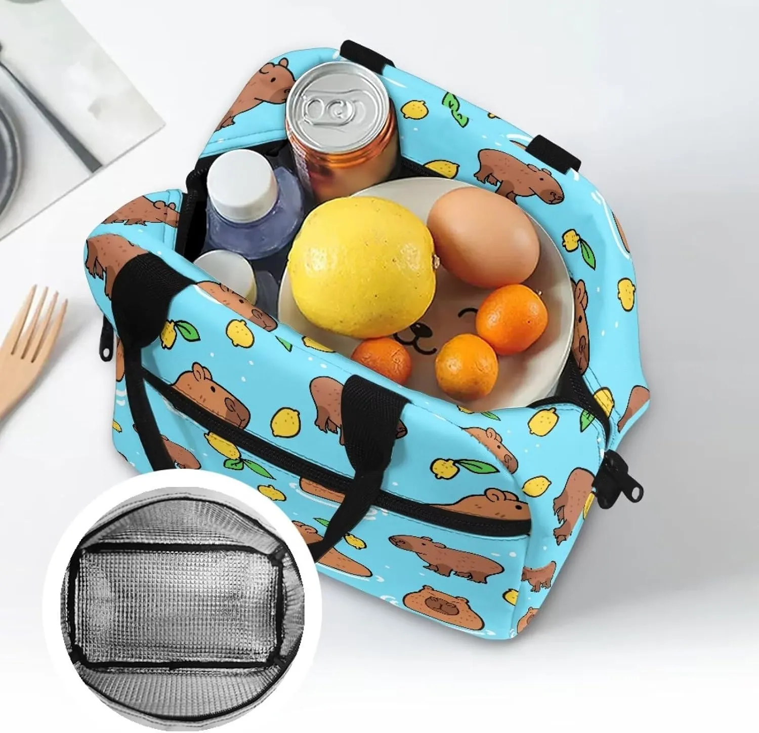 Capybara Lunch Bag Purse Lemon Slice Insulated Lunchbox Pouch Lightweight Blue School Lunchbag Crossbody Style Reusable Lunch Box Tote for Girls