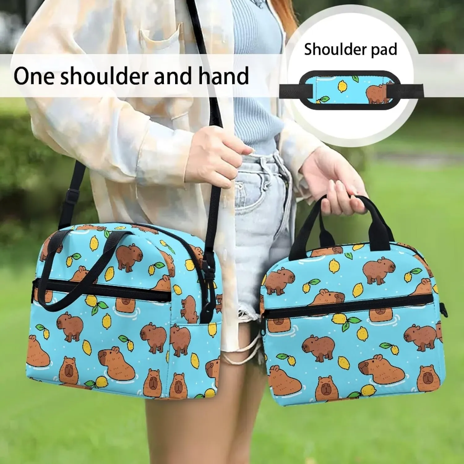 Capybara Lunch Bag Purse Lemon Slice Insulated Lunchbox Pouch Lightweight Blue School Lunchbag Crossbody Style Reusable Lunch Box Tote for Girls