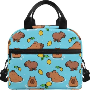 Capybara Lunch Bag Purse Lemon Slice Insulated Lunchbox Pouch Lightweight Blue School Lunchbag Crossbody Style Reusable Lunch Box Tote for Girls