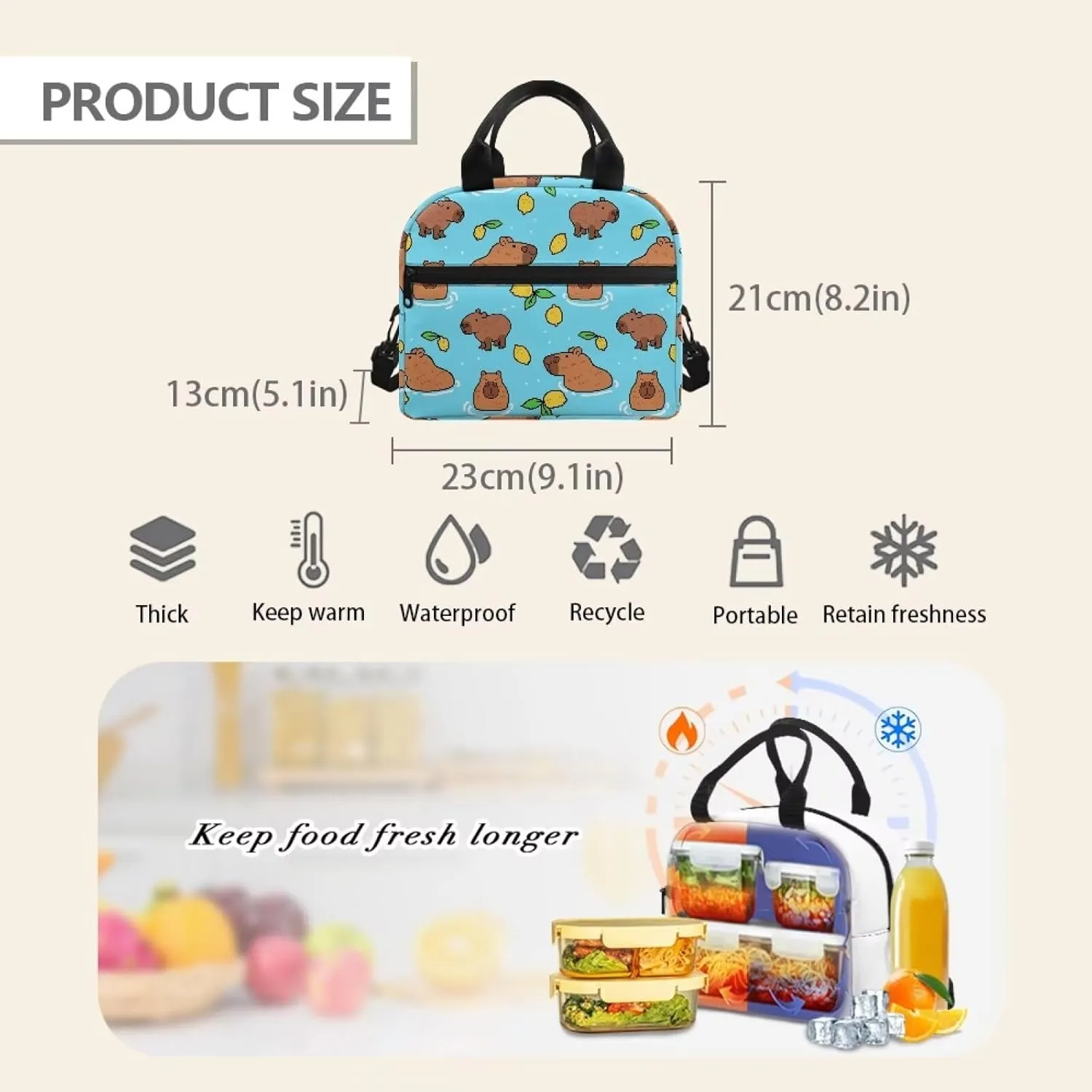 Capybara Lunch Bag Purse Lemon Slice Insulated Lunchbox Pouch Lightweight Blue School Lunchbag Crossbody Style Reusable Lunch Box Tote for Girls