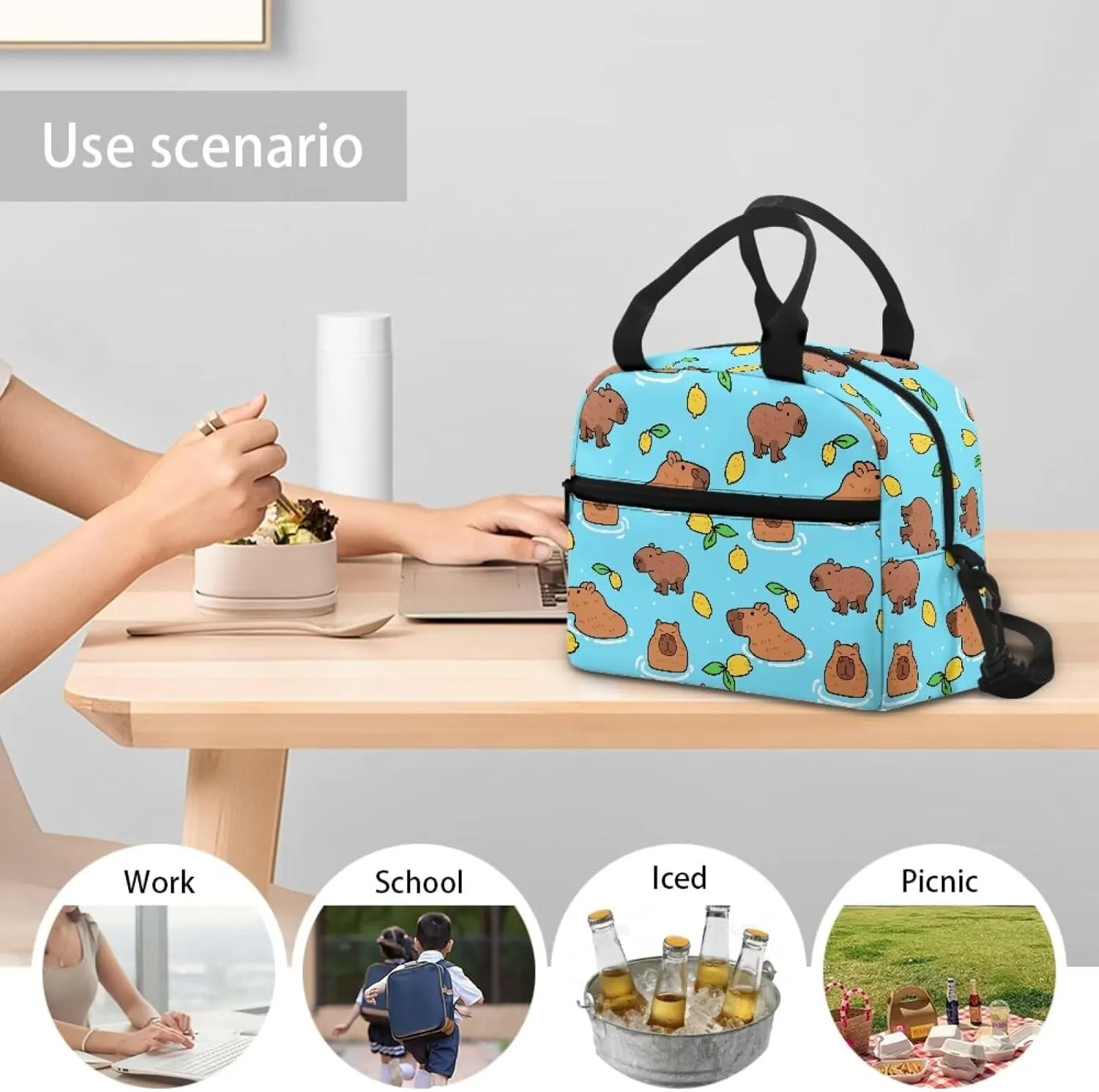 Capybara Lunch Bag Purse Lemon Slice Insulated Lunchbox Pouch Lightweight Blue School Lunchbag Crossbody Style Reusable Lunch Box Tote for Girls