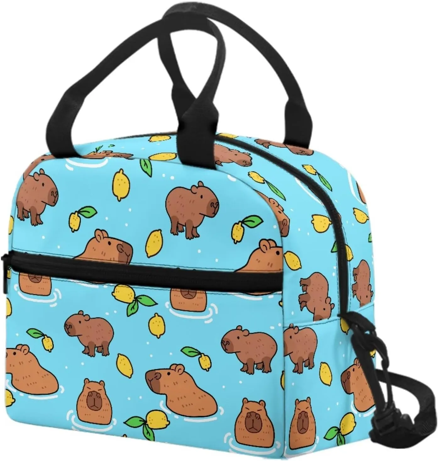 Capybara Lunch Bag Purse Lemon Slice Insulated Lunchbox Pouch Lightweight Blue School Lunchbag Crossbody Style Reusable Lunch Box Tote for Girls
