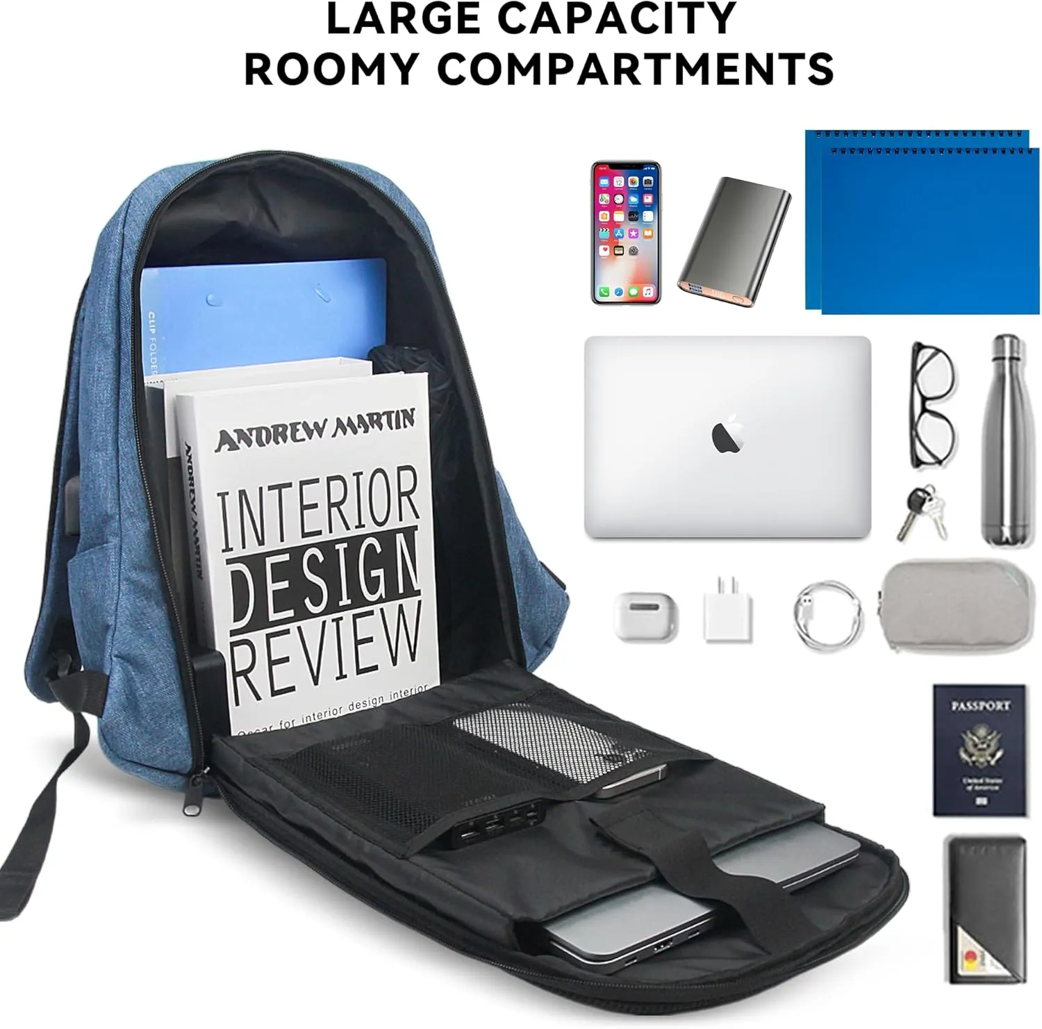Carry on Backpack for Women Flight Approved 12.6x7.1x16.5(40L), Frontier Airlines Personal Item Bag Fit for 15.6in Laptop,300D Waterproof fabric with USB Charging Port, Blue