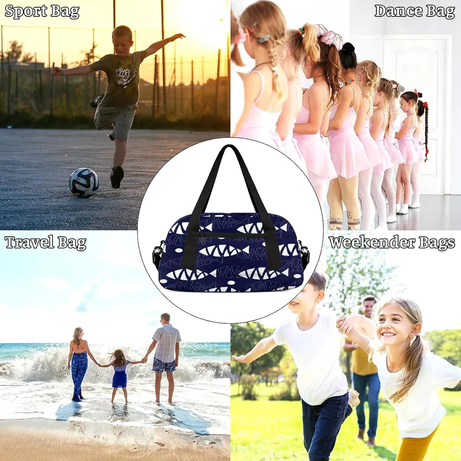 Cartoon Fish Pattern Kids Duffel Bag Lightweight Waterproof Sports Gym Bag with Front Zipper Pocket Foldable Weekender Overnight Bag for School Practice Gymnastic Ballet