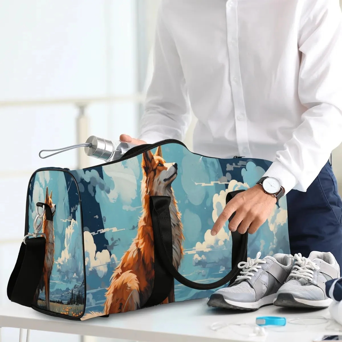 Cartoon Fox Print Travel Duffel Bag for Women Men Waterproof Foldable Overnight Weekender Bag Large Capacity Sports Gym Bag
