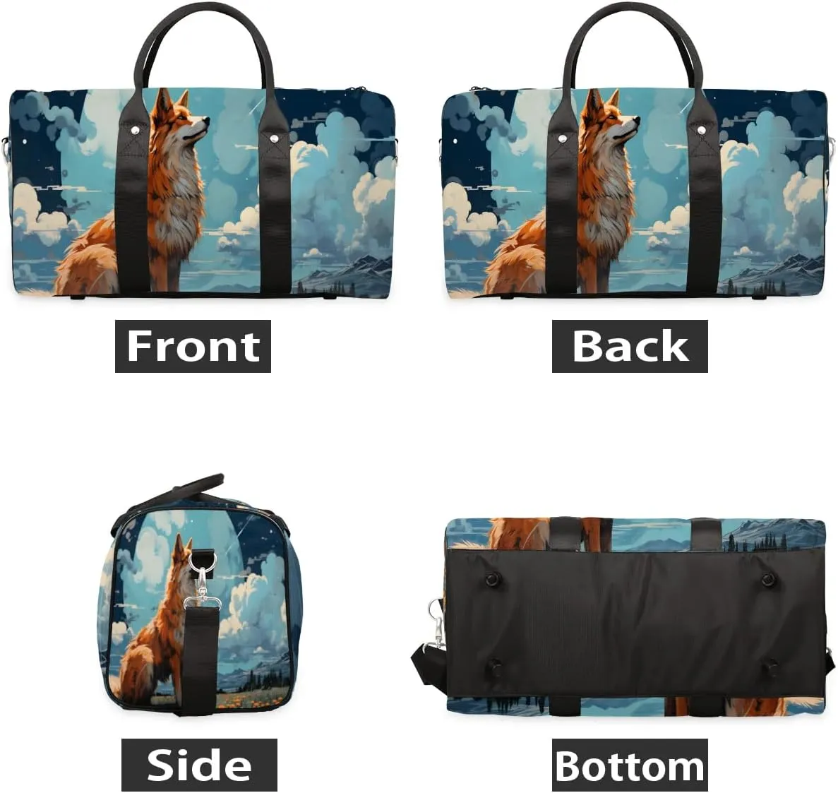 Cartoon Fox Print Travel Duffel Bag for Women Men Waterproof Foldable Overnight Weekender Bag Large Capacity Sports Gym Bag