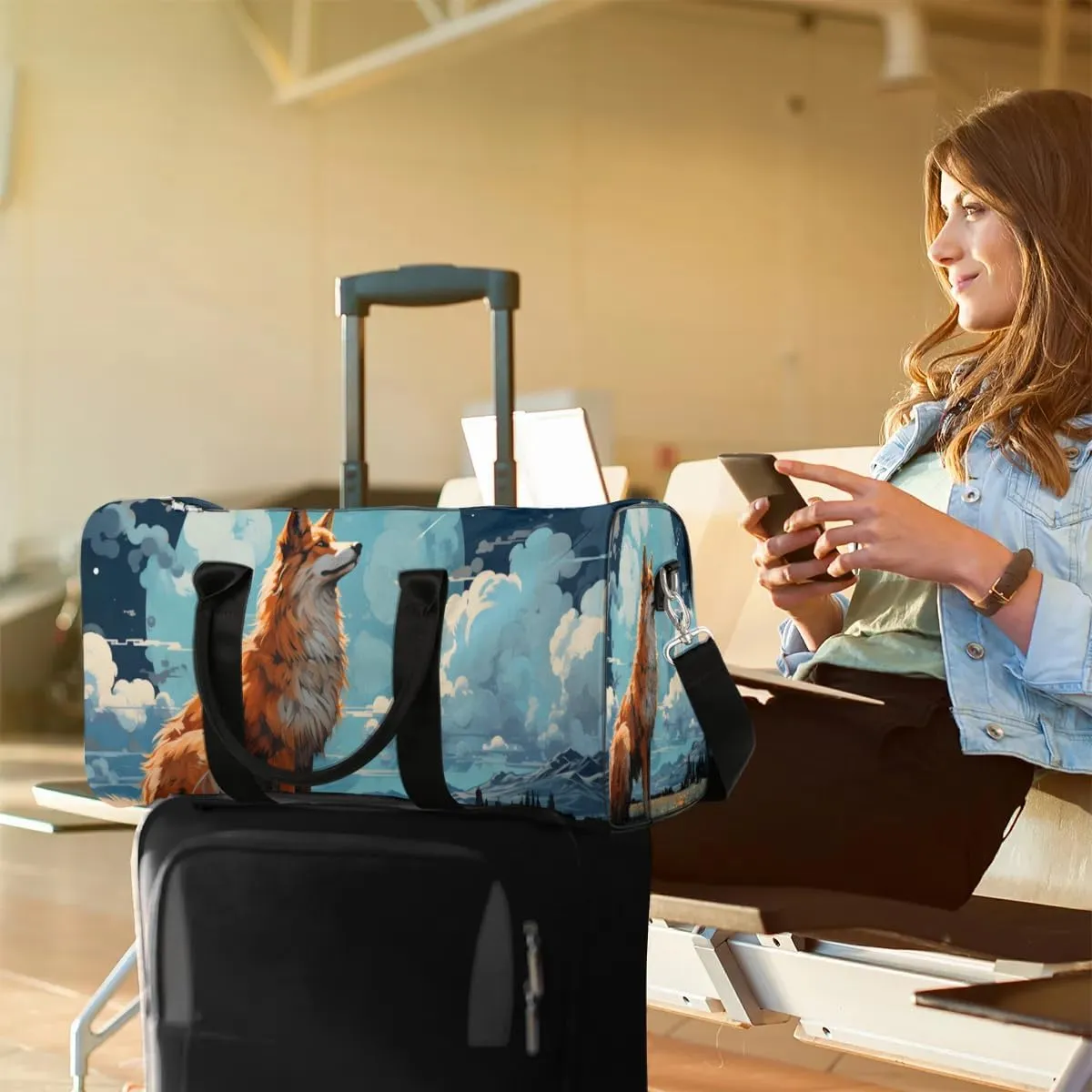 Cartoon Fox Print Travel Duffel Bag for Women Men Waterproof Foldable Overnight Weekender Bag Large Capacity Sports Gym Bag