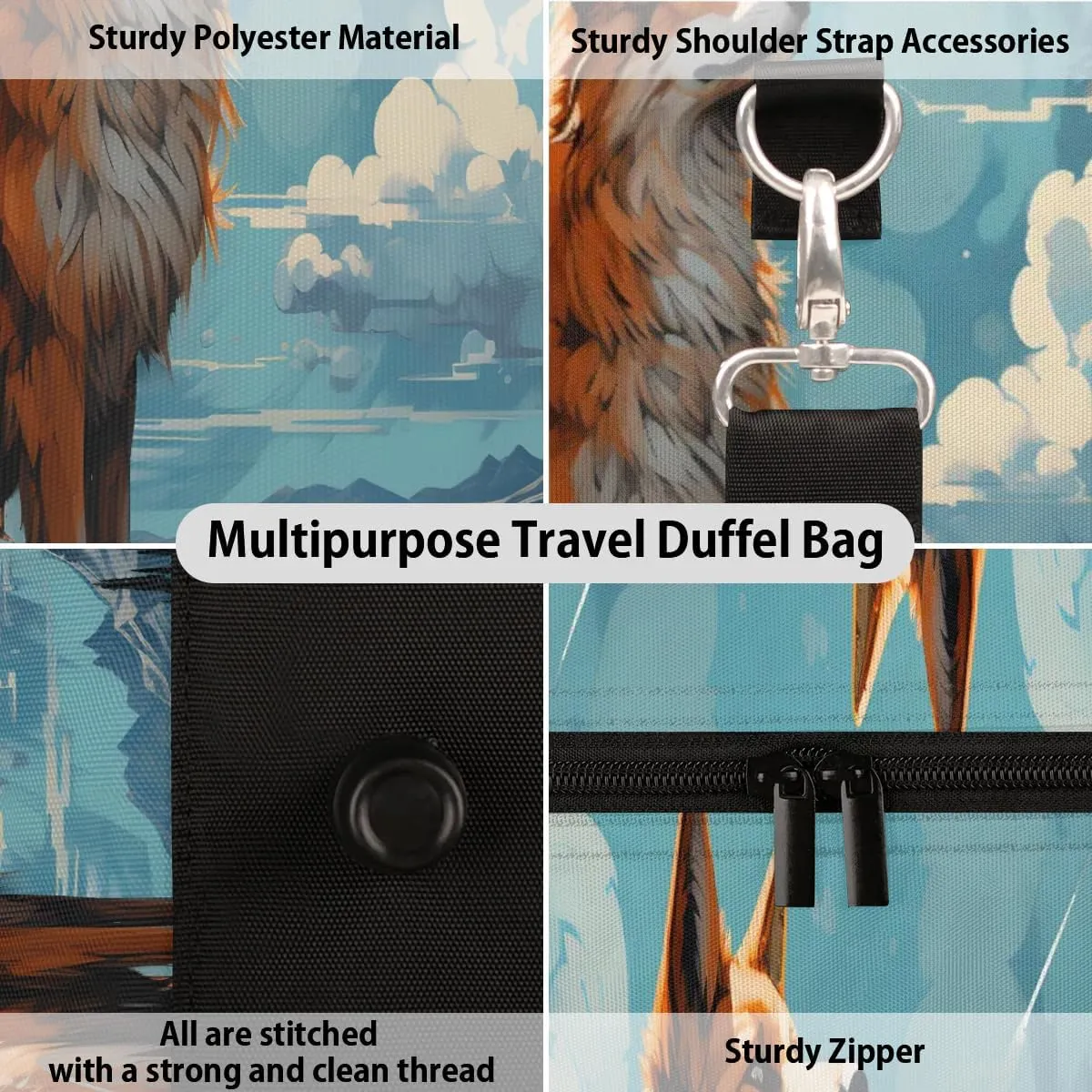 Cartoon Fox Print Travel Duffel Bag for Women Men Waterproof Foldable Overnight Weekender Bag Large Capacity Sports Gym Bag
