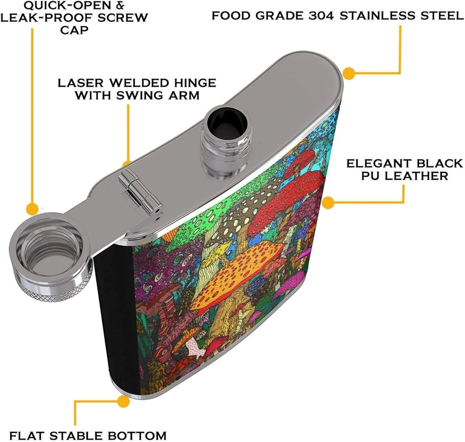 Cartoon Mushroom Stainless Steel Pocket Hip Flask for Men Drinking Wedding, Vintage Flasks for Bar Party Fishing Flagon 8 OZ