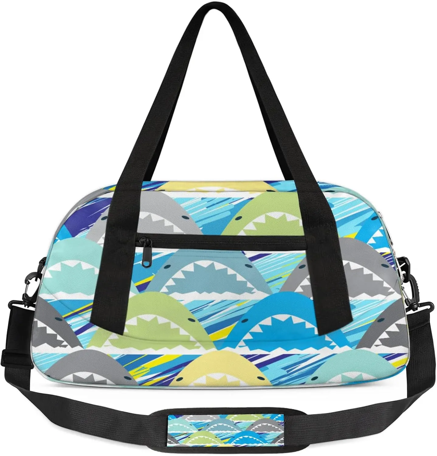 Cartoon Shark Kids Duffel Bag Lightweight Waterproof Sports Gym Bag with Front Zipper Pocket Foldable Weekender Overnight Bag for School Practice Gymnastic Ballet