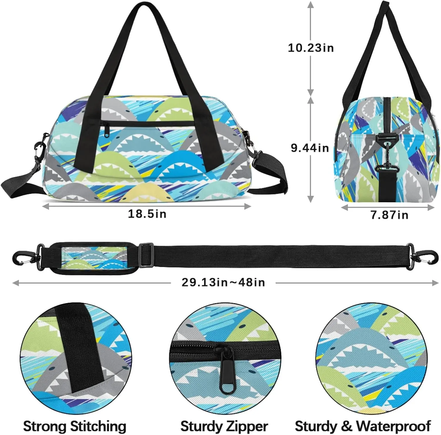Cartoon Shark Kids Duffel Bag Lightweight Waterproof Sports Gym Bag with Front Zipper Pocket Foldable Weekender Overnight Bag for School Practice Gymnastic Ballet
