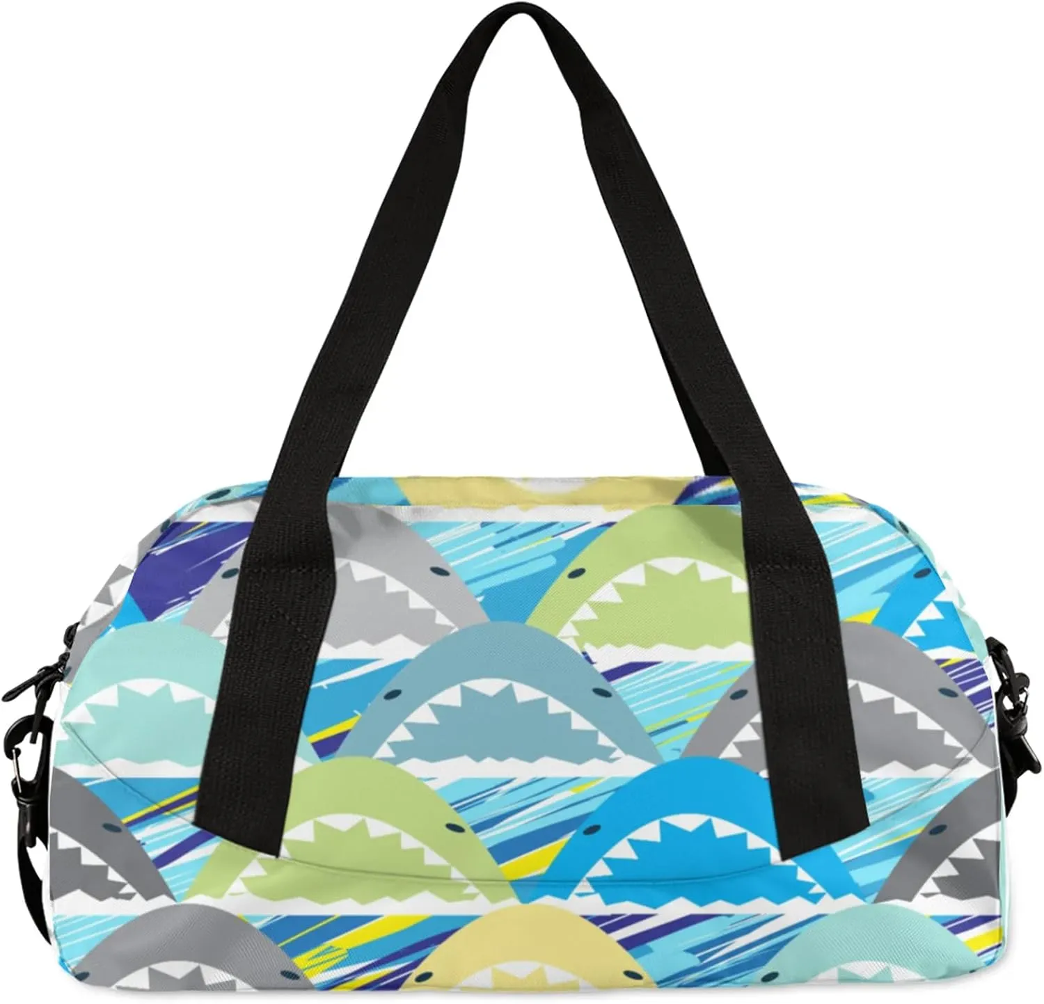 Cartoon Shark Kids Duffel Bag Lightweight Waterproof Sports Gym Bag with Front Zipper Pocket Foldable Weekender Overnight Bag for School Practice Gymnastic Ballet