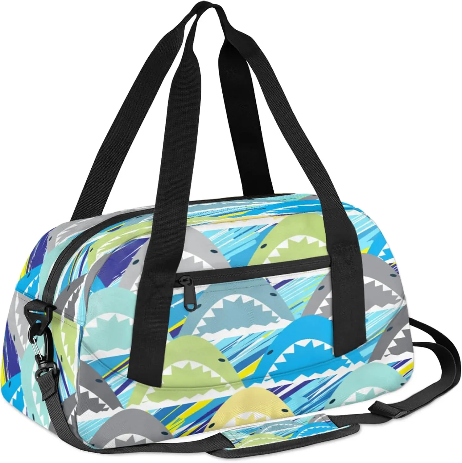 Cartoon Shark Kids Duffel Bag Lightweight Waterproof Sports Gym Bag with Front Zipper Pocket Foldable Weekender Overnight Bag for School Practice Gymnastic Ballet