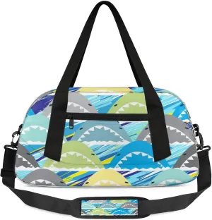 Cartoon Shark Kids Duffel Bag Lightweight Waterproof Sports Gym Bag with Front Zipper Pocket Foldable Weekender Overnight Bag for School Practice Gymnastic Ballet