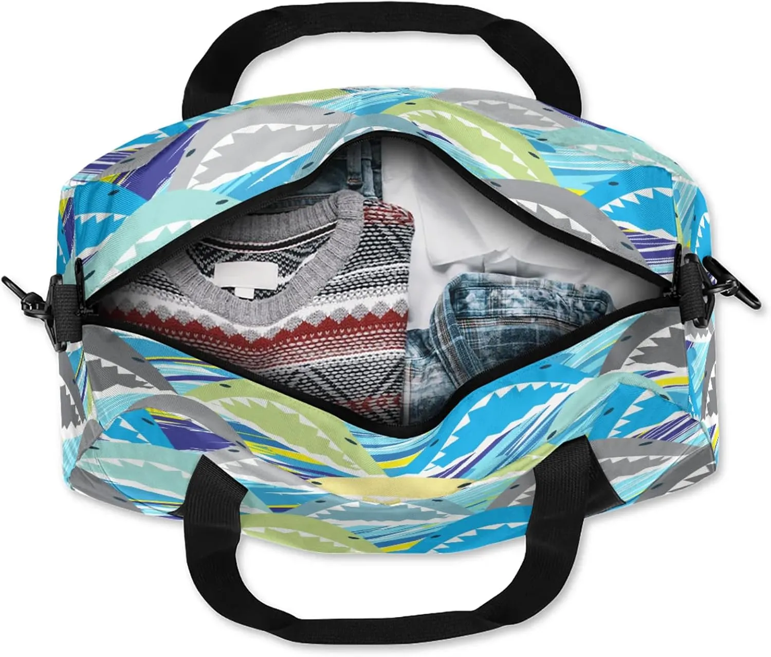 Cartoon Shark Kids Duffel Bag Lightweight Waterproof Sports Gym Bag with Front Zipper Pocket Foldable Weekender Overnight Bag for School Practice Gymnastic Ballet