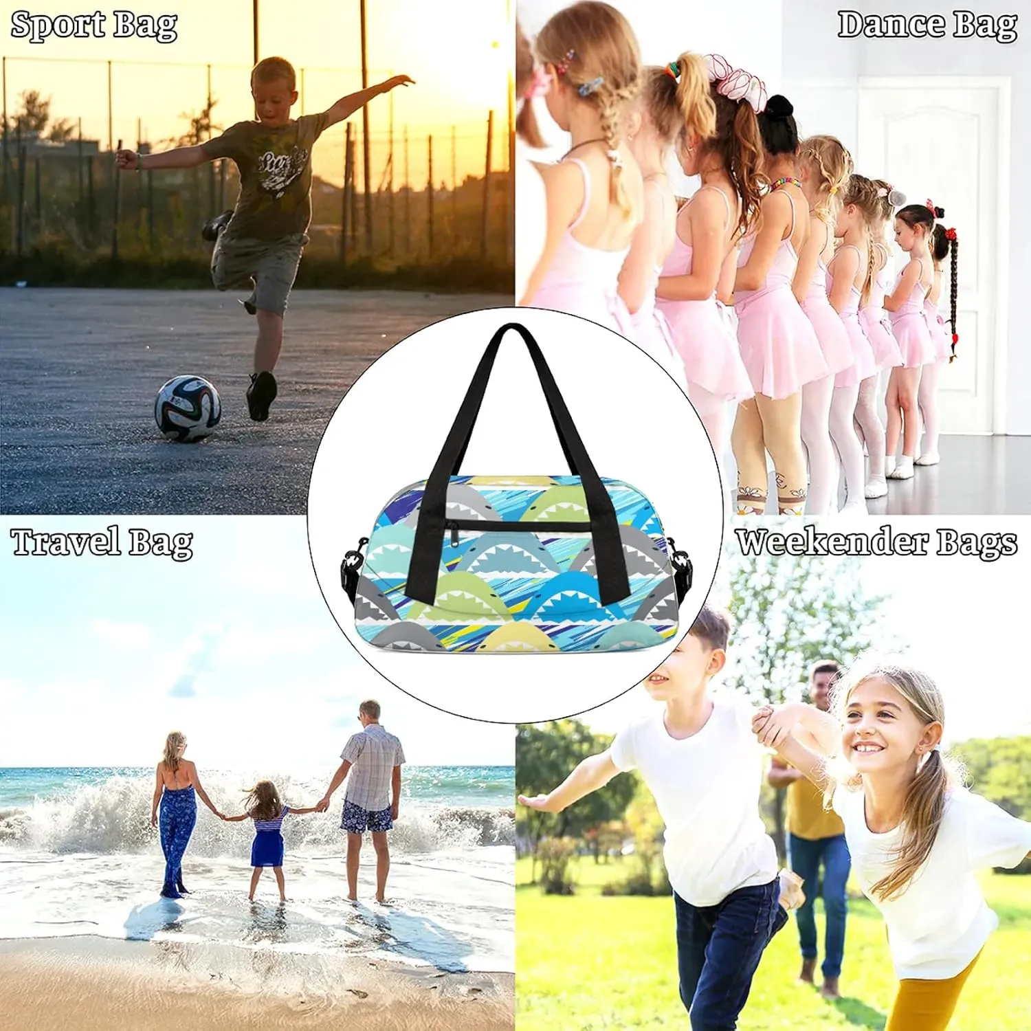 Cartoon Shark Kids Duffel Bag Lightweight Waterproof Sports Gym Bag with Front Zipper Pocket Foldable Weekender Overnight Bag for School Practice Gymnastic Ballet