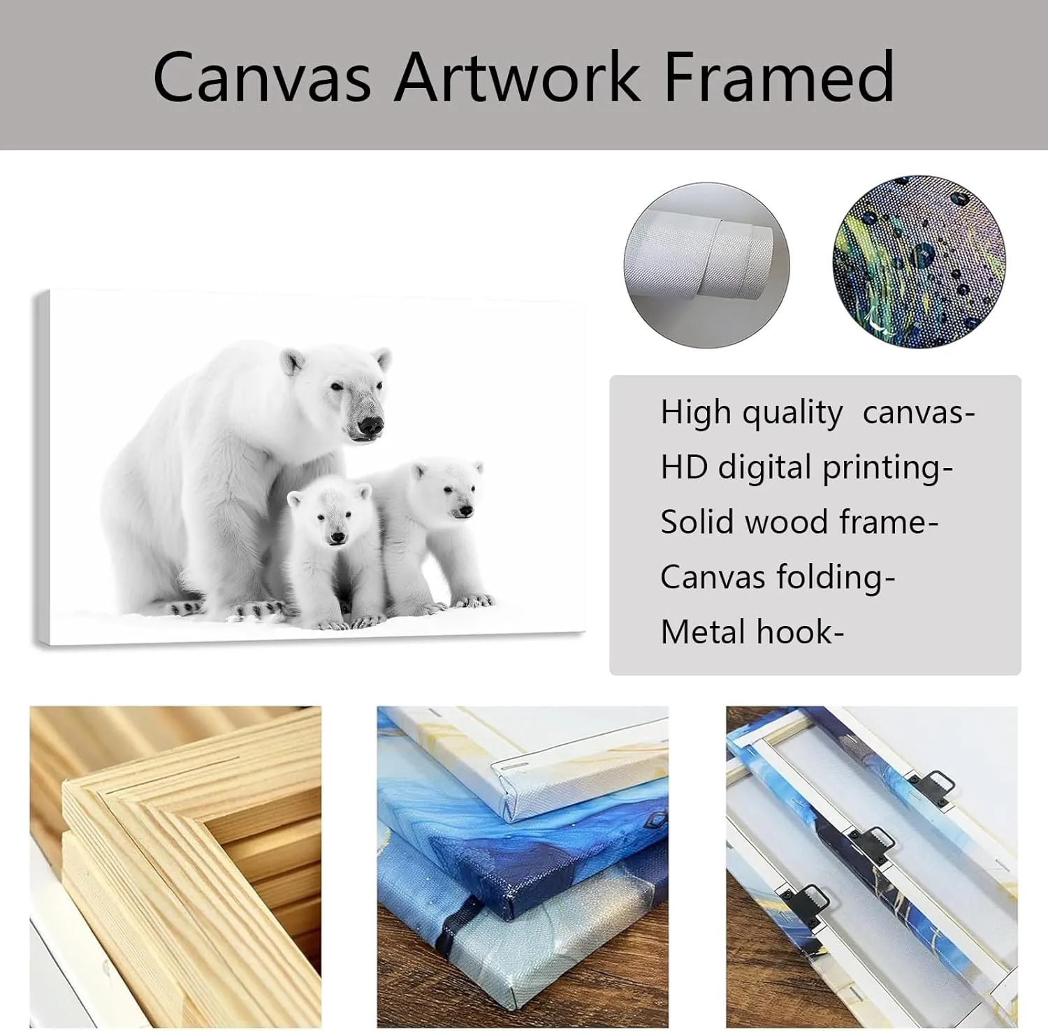 CCKOPPI Animal Canvas Wall Art, Black and White Polar Bears in the Snow Painting Poster Winter Scenery Wildlife Picture Print for Bedroom Study Decor(Artwork-03, 18"x12")