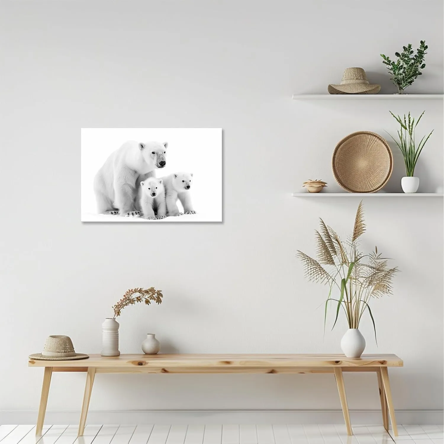 CCKOPPI Animal Canvas Wall Art, Black and White Polar Bears in the Snow Painting Poster Winter Scenery Wildlife Picture Print for Bedroom Study Decor(Artwork-03, 18"x12")