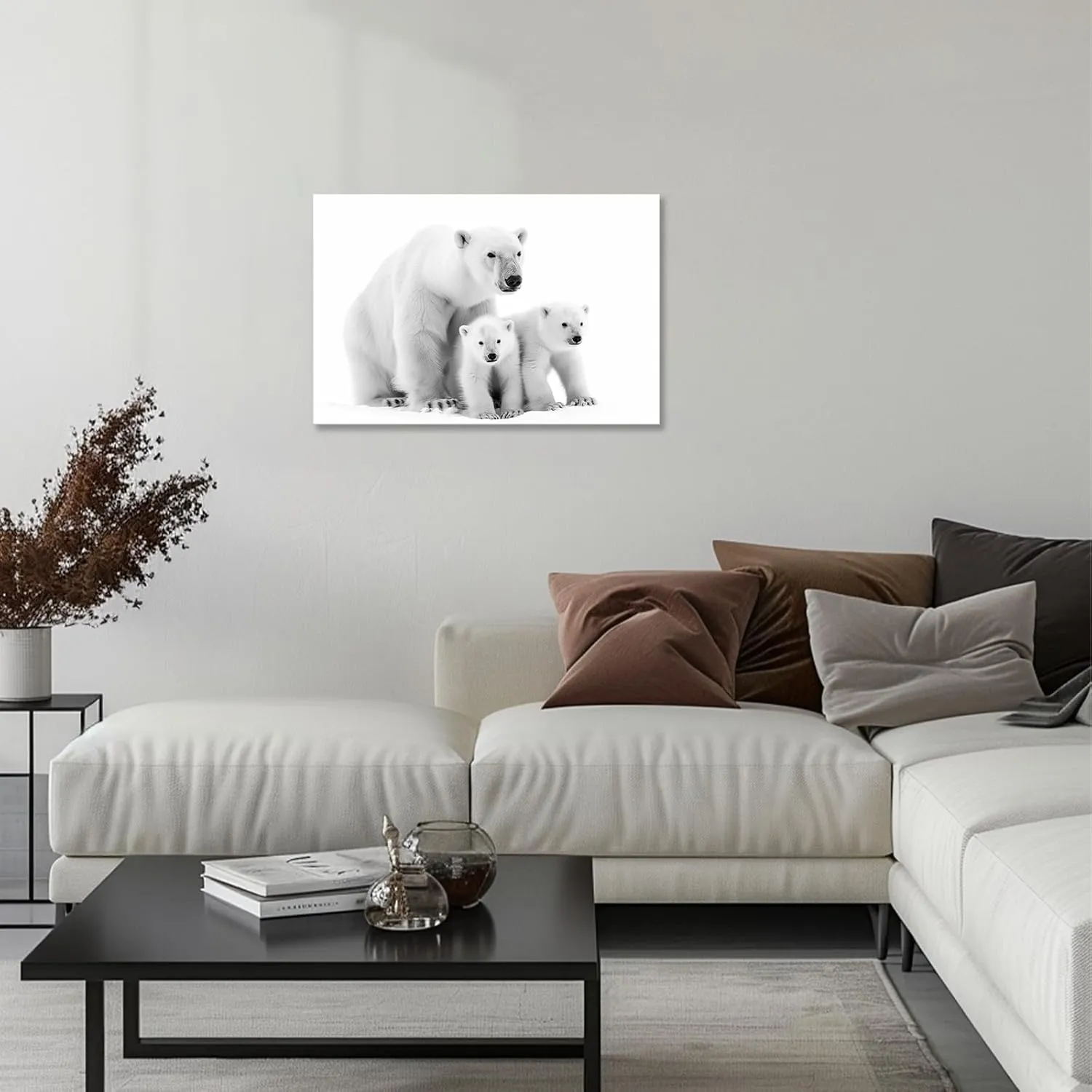 CCKOPPI Animal Canvas Wall Art, Black and White Polar Bears in the Snow Painting Poster Winter Scenery Wildlife Picture Print for Bedroom Study Decor(Artwork-03, 18"x12")