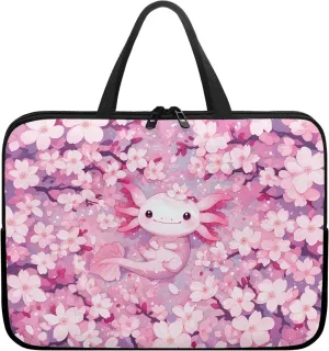 Cherry Blossom Axolotl Laptop Sleeve with Handle, Laptop Tote Bags Tablet Carrying Case Universal 12 Inch Notebook/Reader, Water-Repellent Fabric Zipper Handbag Briefcase