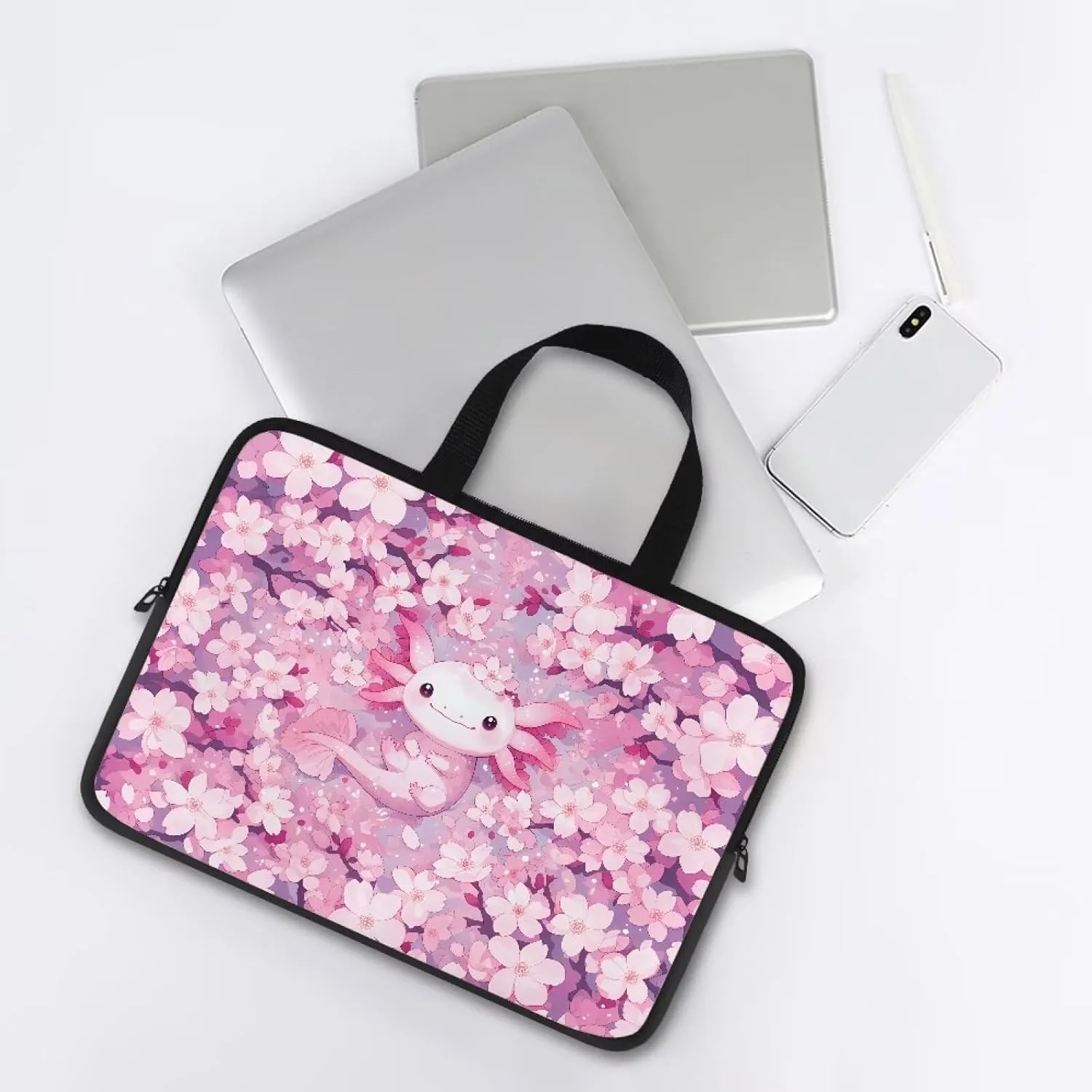 Cherry Blossom Axolotl Laptop Sleeve with Handle, Laptop Tote Bags Tablet Carrying Case Universal 12 Inch Notebook/Reader, Water-Repellent Fabric Zipper Handbag Briefcase
