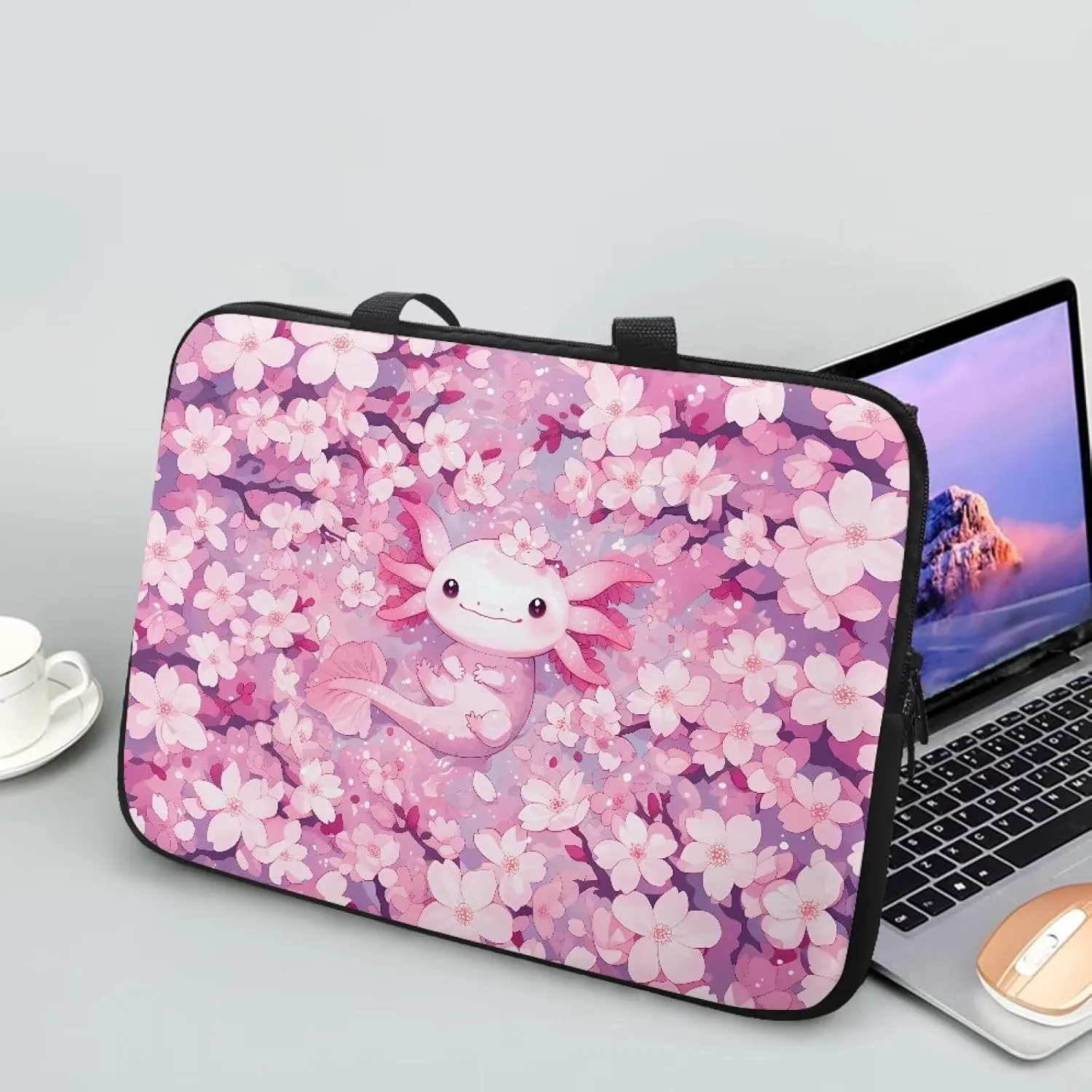 Cherry Blossom Axolotl Laptop Sleeve with Handle, Laptop Tote Bags Tablet Carrying Case Universal 17 Inch Notebook/Reader, Water-Repellent Fabric Zipper Handbag Briefcase