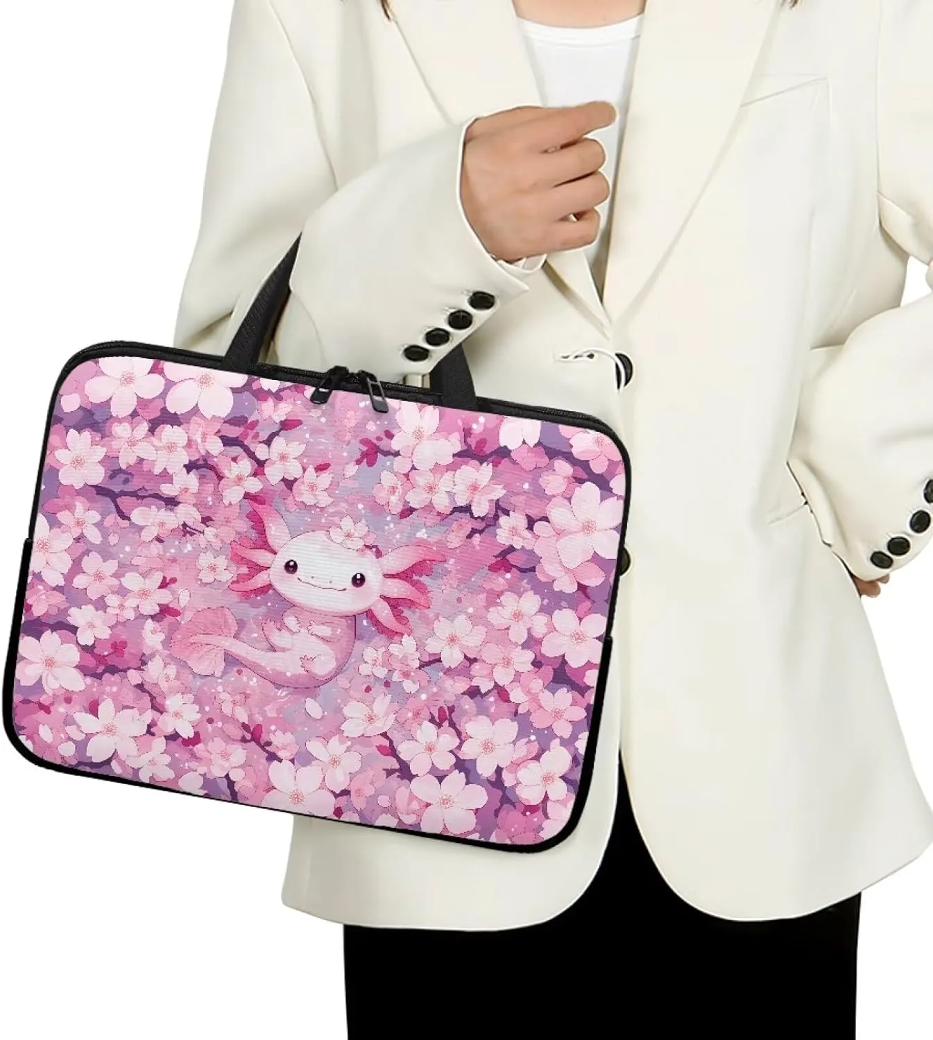 Cherry Blossom Axolotl Laptop Sleeve with Handle, Laptop Tote Bags Tablet Carrying Case Universal 17 Inch Notebook/Reader, Water-Repellent Fabric Zipper Handbag Briefcase