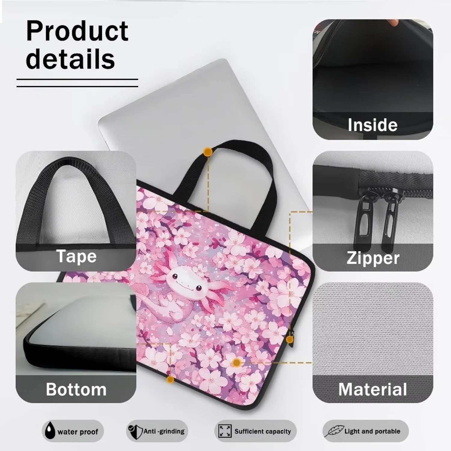 Cherry Blossom Axolotl Laptop Sleeve with Handle, Laptop Tote Bags Tablet Carrying Case Universal 17 Inch Notebook/Reader, Water-Repellent Fabric Zipper Handbag Briefcase