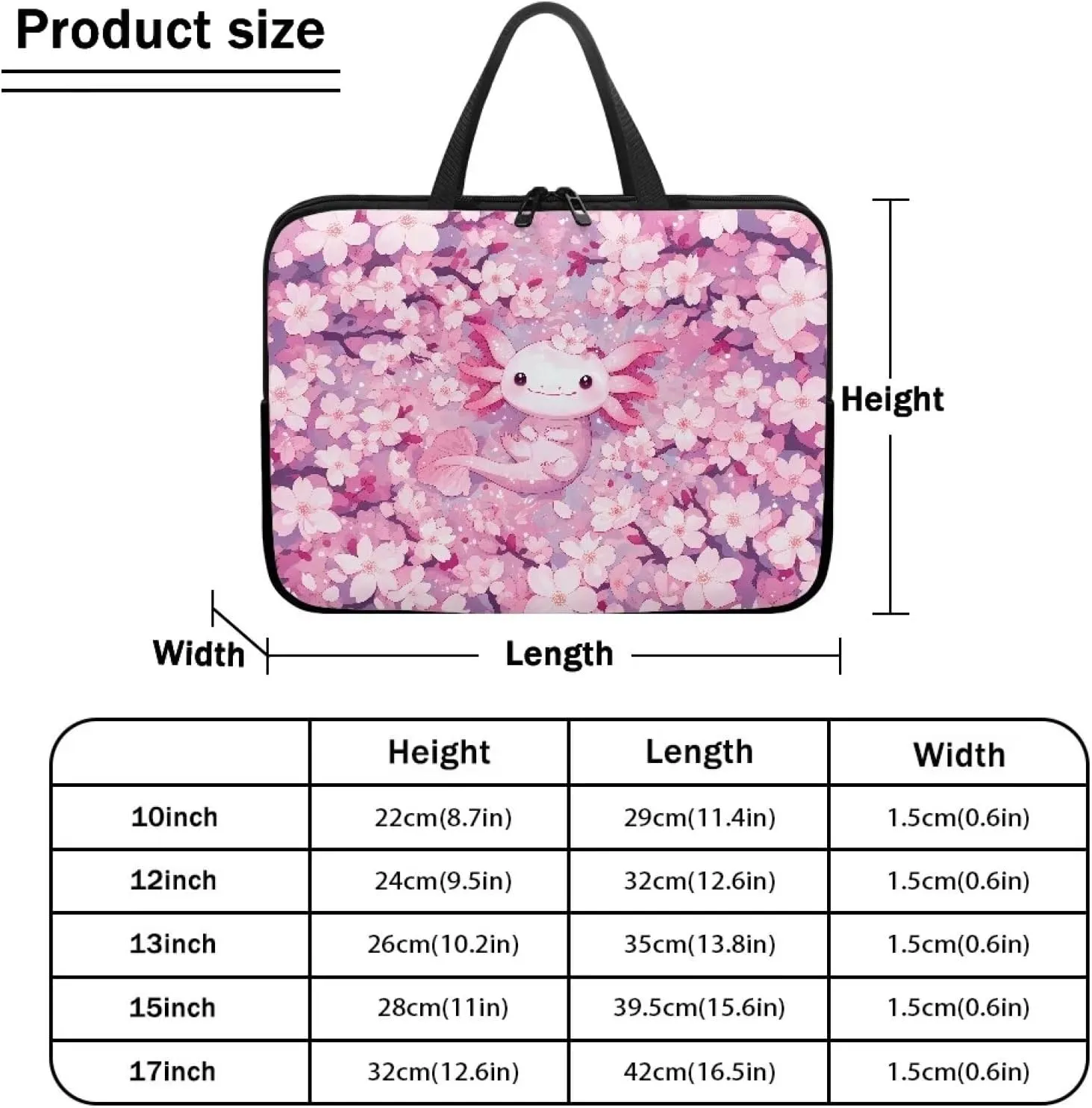 Cherry Blossom Axolotl Laptop Sleeve with Handle, Laptop Tote Bags Tablet Carrying Case Universal 17 Inch Notebook/Reader, Water-Repellent Fabric Zipper Handbag Briefcase