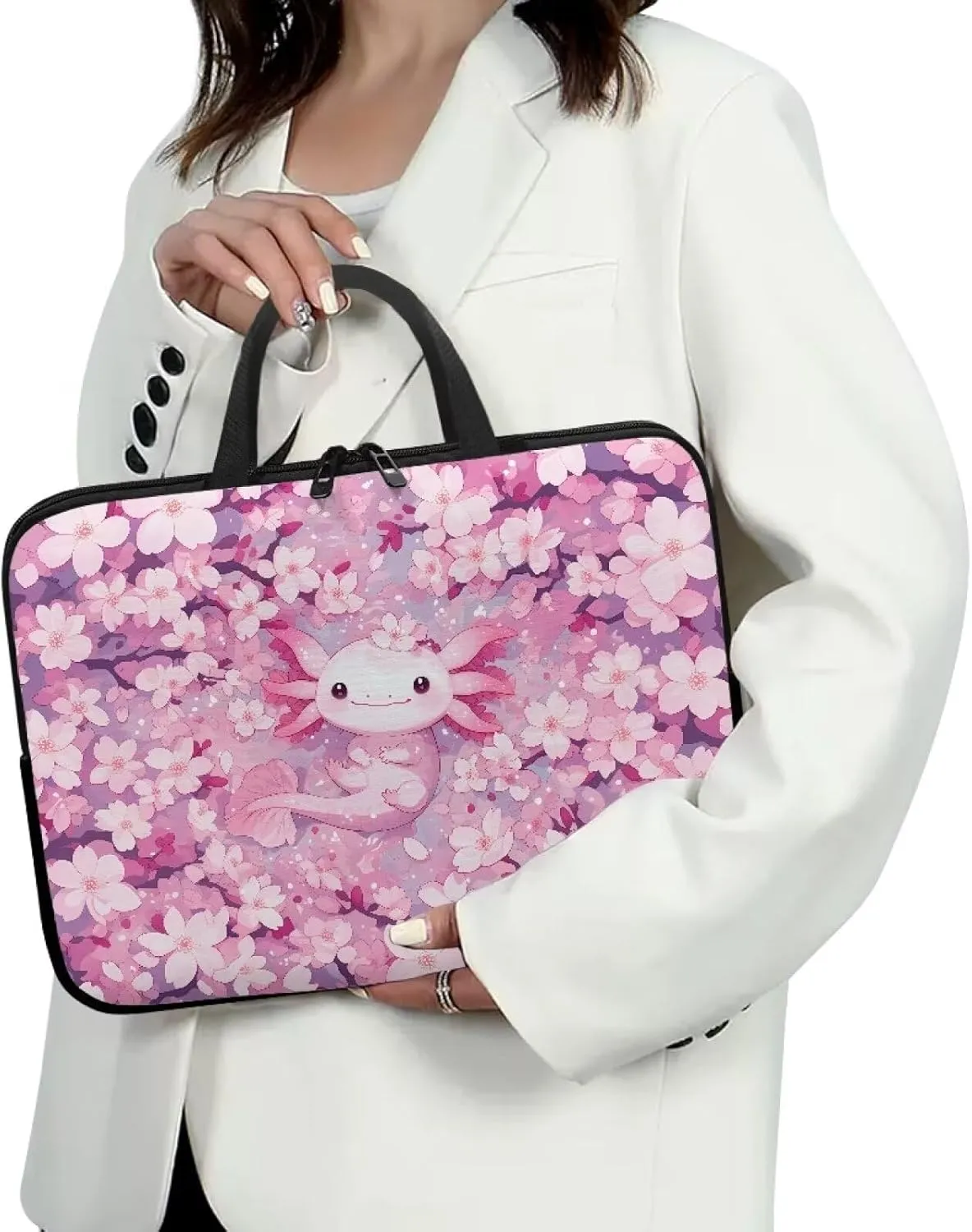Cherry Blossom Axolotl Laptop Sleeve with Handle, Laptop Tote Bags Tablet Carrying Case Universal 17 Inch Notebook/Reader, Water-Repellent Fabric Zipper Handbag Briefcase