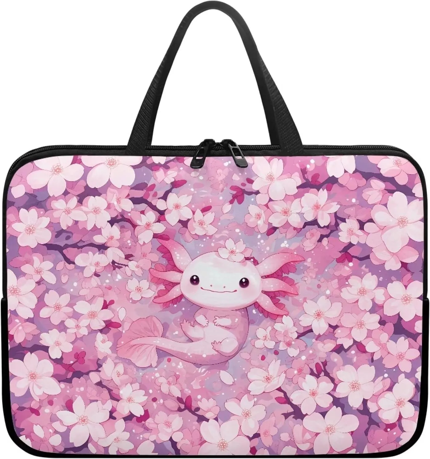 Cherry Blossom Axolotl Laptop Sleeve with Handle, Laptop Tote Bags Tablet Carrying Case Universal 17 Inch Notebook/Reader, Water-Repellent Fabric Zipper Handbag Briefcase