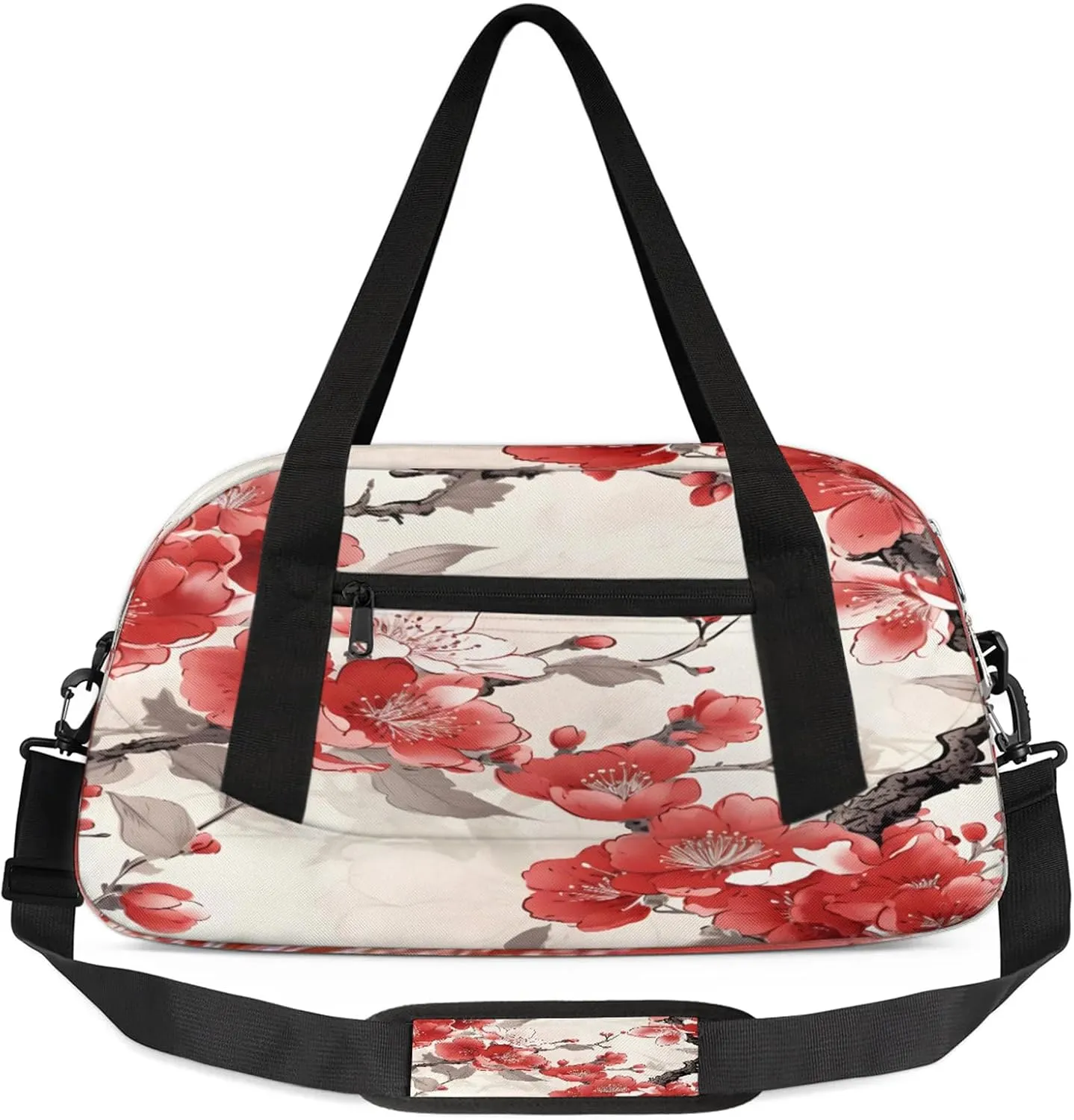 Cherry Blossoms Decor Pattern Kids Duffel Bag Lightweight Waterproof Sports Gym Bag with Front Zipper Pocket Foldable Weekender Overnight Bag for School Practice Gymnastic Ballet