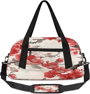 Cherry Blossoms Decor Pattern Kids Duffel Bag Lightweight Waterproof Sports Gym Bag with Front Zipper Pocket Foldable Weekender Overnight Bag for School Practice Gymnastic Ballet
