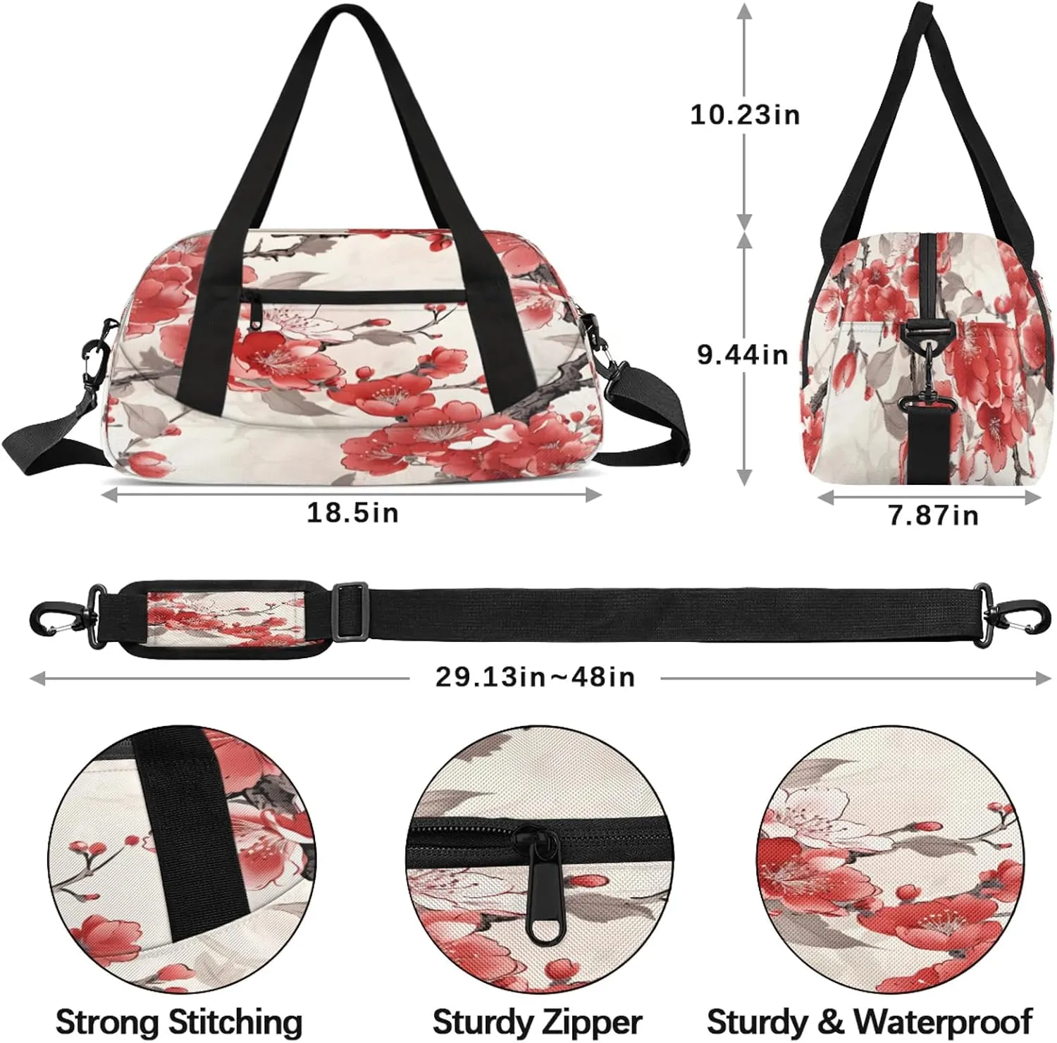 Cherry Blossoms Decor Pattern Kids Duffel Bag Lightweight Waterproof Sports Gym Bag with Front Zipper Pocket Foldable Weekender Overnight Bag for School Practice Gymnastic Ballet