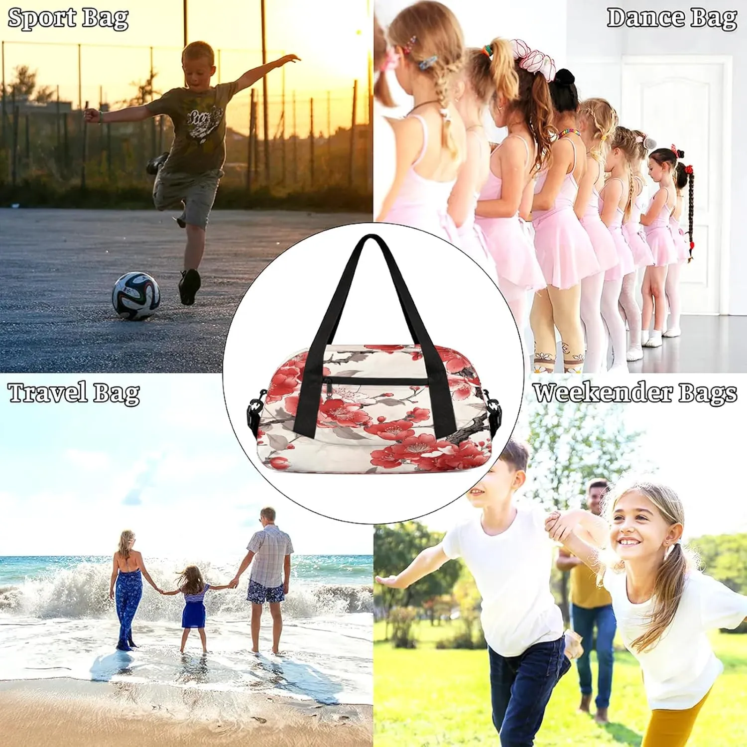 Cherry Blossoms Decor Pattern Kids Duffel Bag Lightweight Waterproof Sports Gym Bag with Front Zipper Pocket Foldable Weekender Overnight Bag for School Practice Gymnastic Ballet