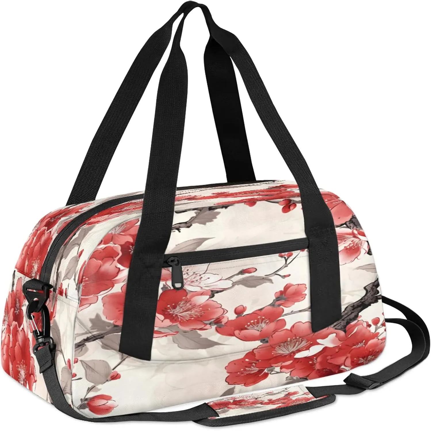 Cherry Blossoms Decor Pattern Kids Duffel Bag Lightweight Waterproof Sports Gym Bag with Front Zipper Pocket Foldable Weekender Overnight Bag for School Practice Gymnastic Ballet