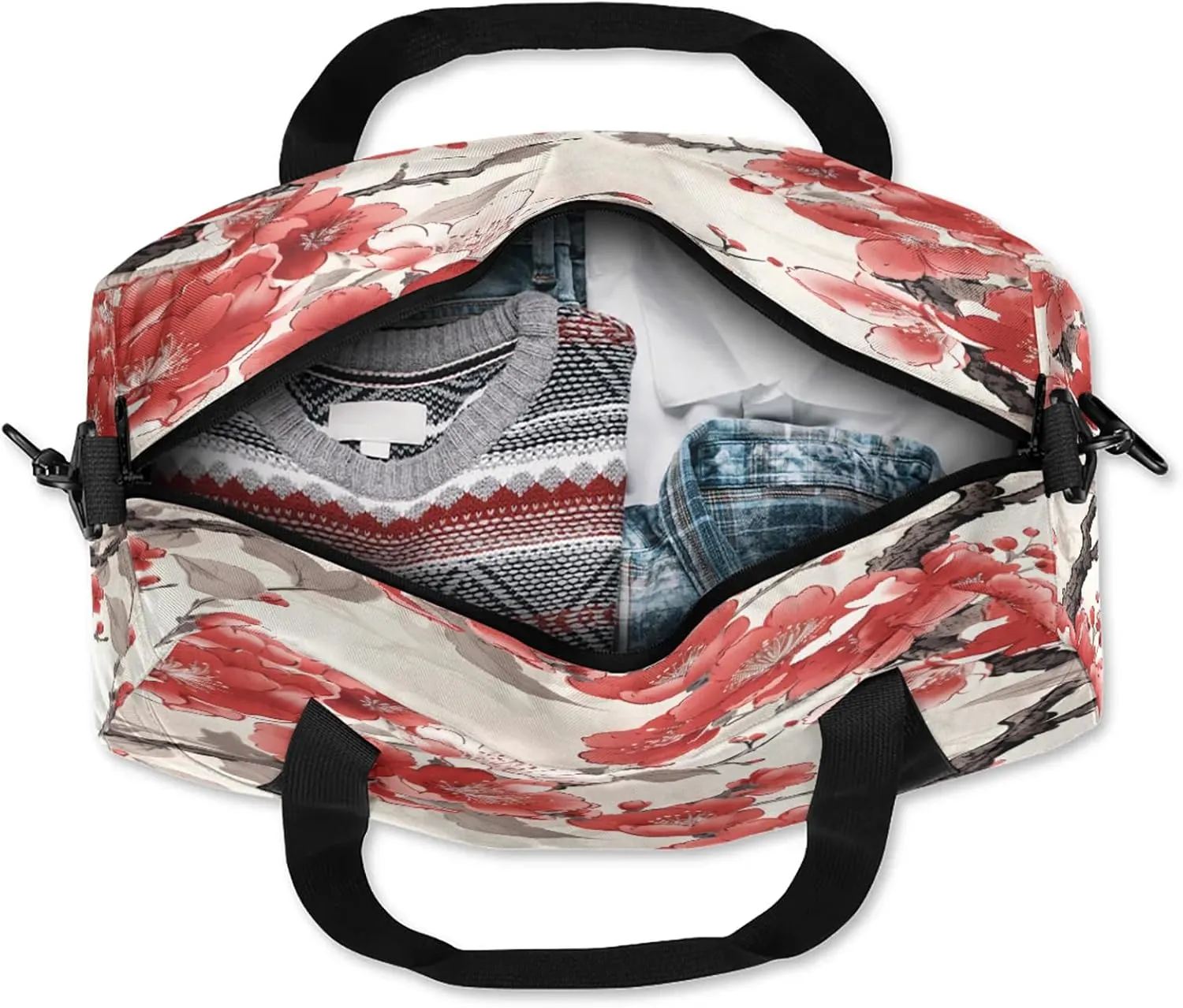 Cherry Blossoms Decor Pattern Kids Duffel Bag Lightweight Waterproof Sports Gym Bag with Front Zipper Pocket Foldable Weekender Overnight Bag for School Practice Gymnastic Ballet