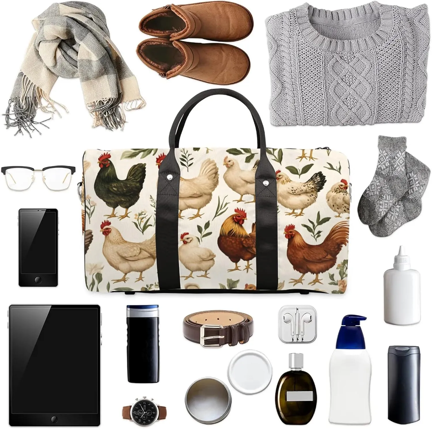 Chicken Duffle Bag for Travel, Overnight Weekend Gym Carry On Luggage Bag, Hen And Chicken Travel Duffel Bag for Men Women