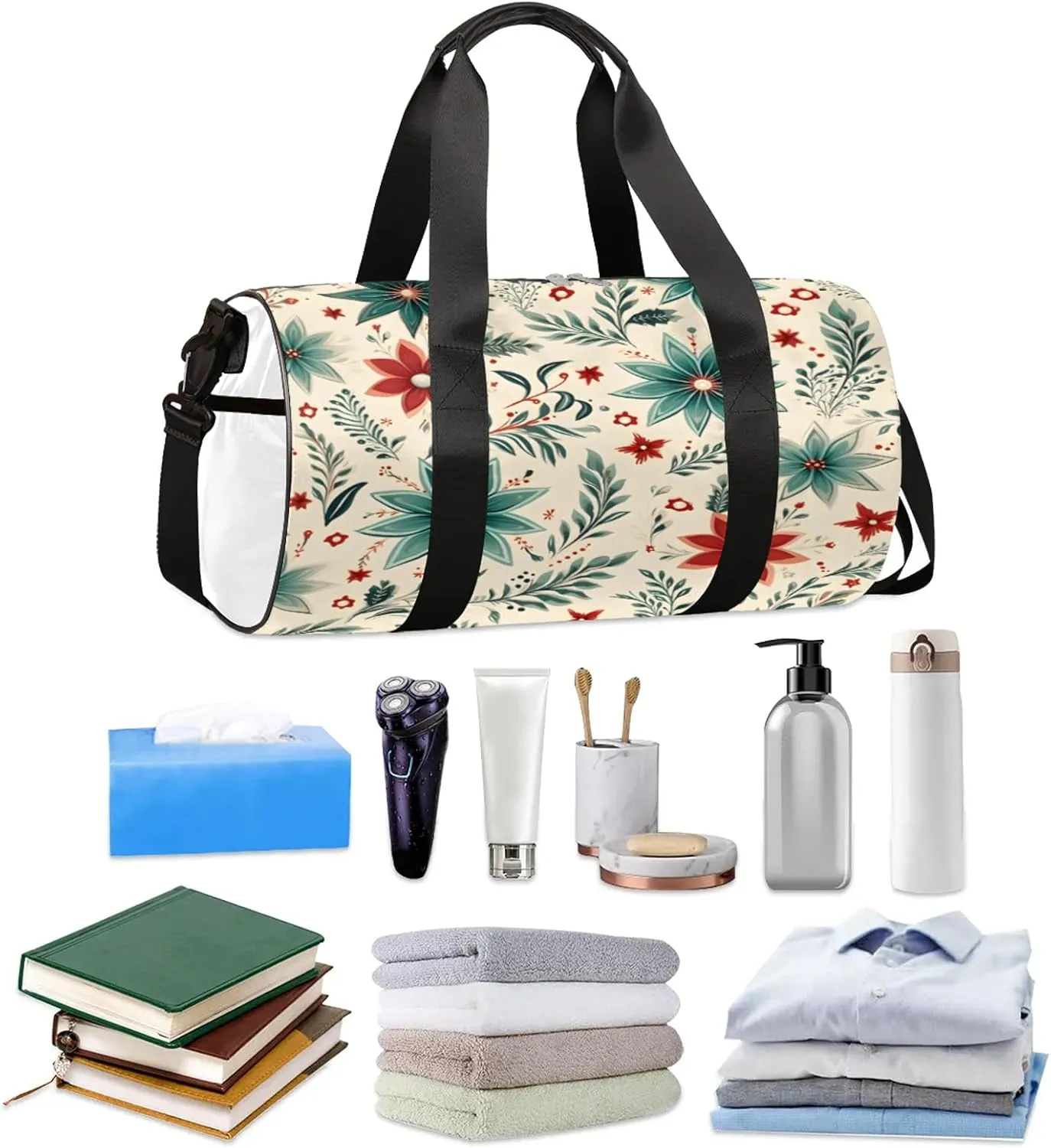 Christmas Poinsettia Red Flower Sports Gym Bag for Men Women Lightweight Travel Duffle Bag with Shoulder Strap Waterproof Carry On Weekender Overnight Bag for Travel Sports Gym