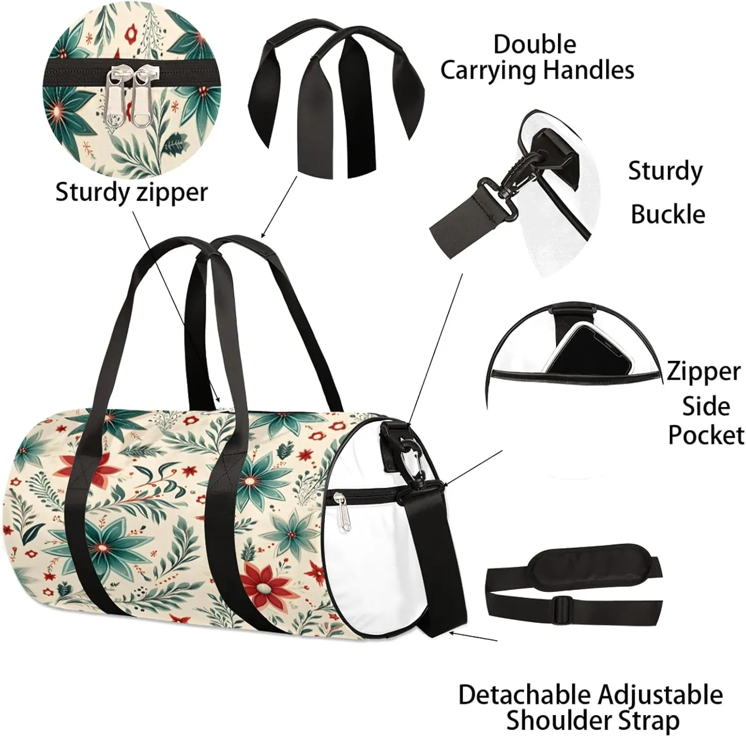 Christmas Poinsettia Red Flower Sports Gym Bag for Men Women Lightweight Travel Duffle Bag with Shoulder Strap Waterproof Carry On Weekender Overnight Bag for Travel Sports Gym
