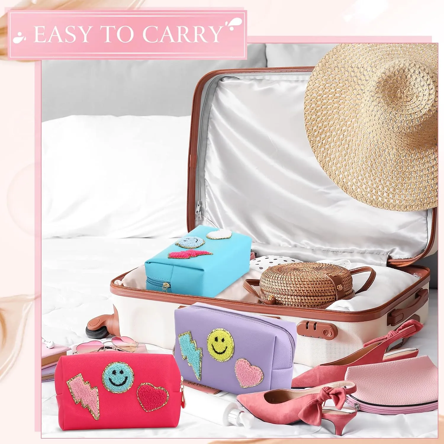 Chunful 9 Pieces Preppy Patch Makeup Bag Chenille Letters Cosmetic PU Leather Portable Waterproof Toiletry Travel Bag for Women End of the Year Teacher Gifts Bulk(Multicolor,Smile, Lightning, Heart)