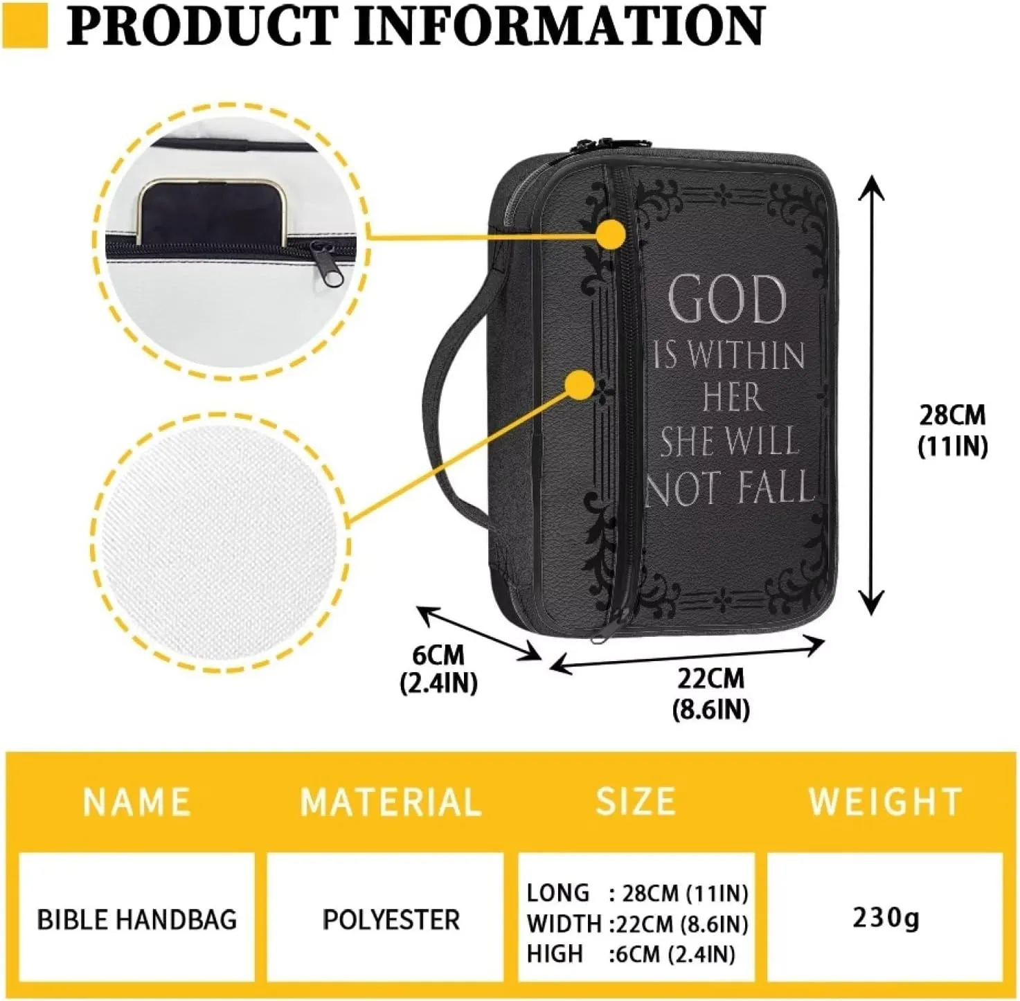 Classic Bible Covers Bible Bag with Handle and Zippered,God is Within Her She Will Not Fall, Bible Book Protective Large Size Bible Cover Scripture Christian Gifts for Women Men