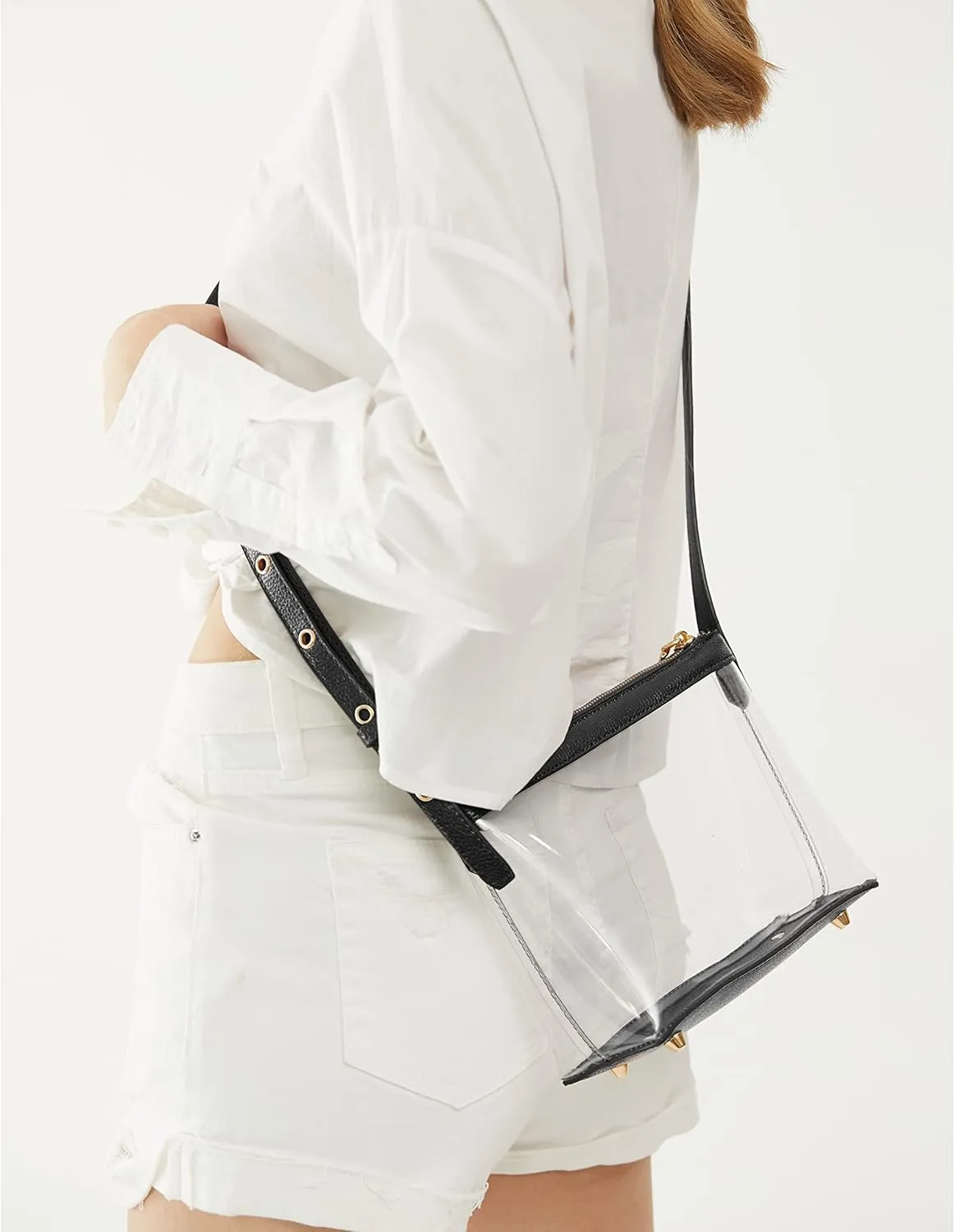 Clear Zipper Cross Body Bag with Vegan Leather Trim