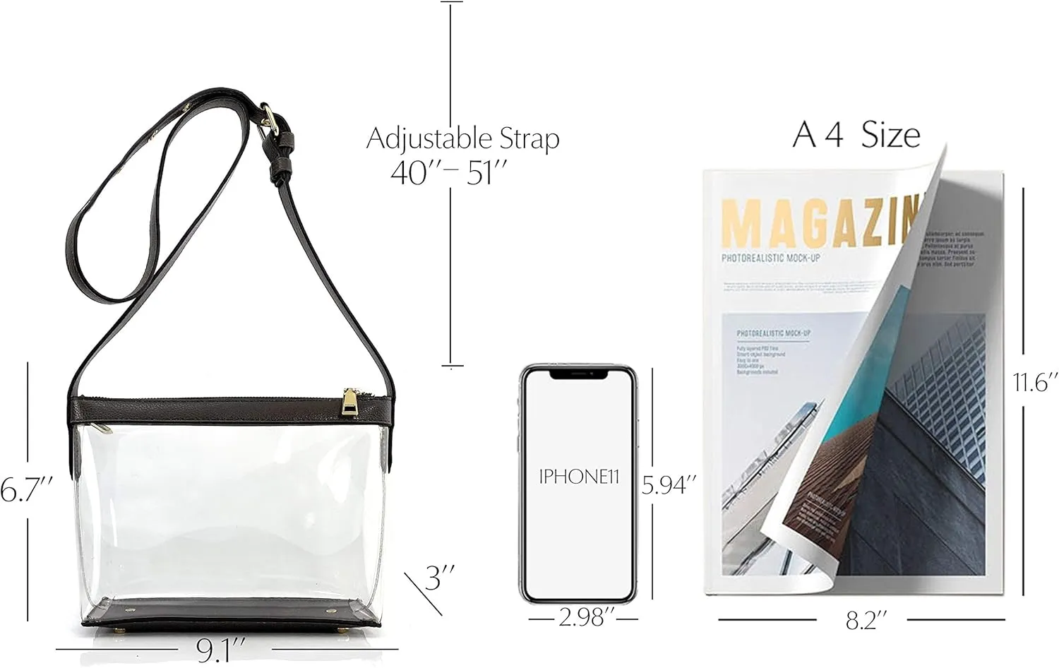 Clear Zipper Cross Body Bag with Vegan Leather Trim