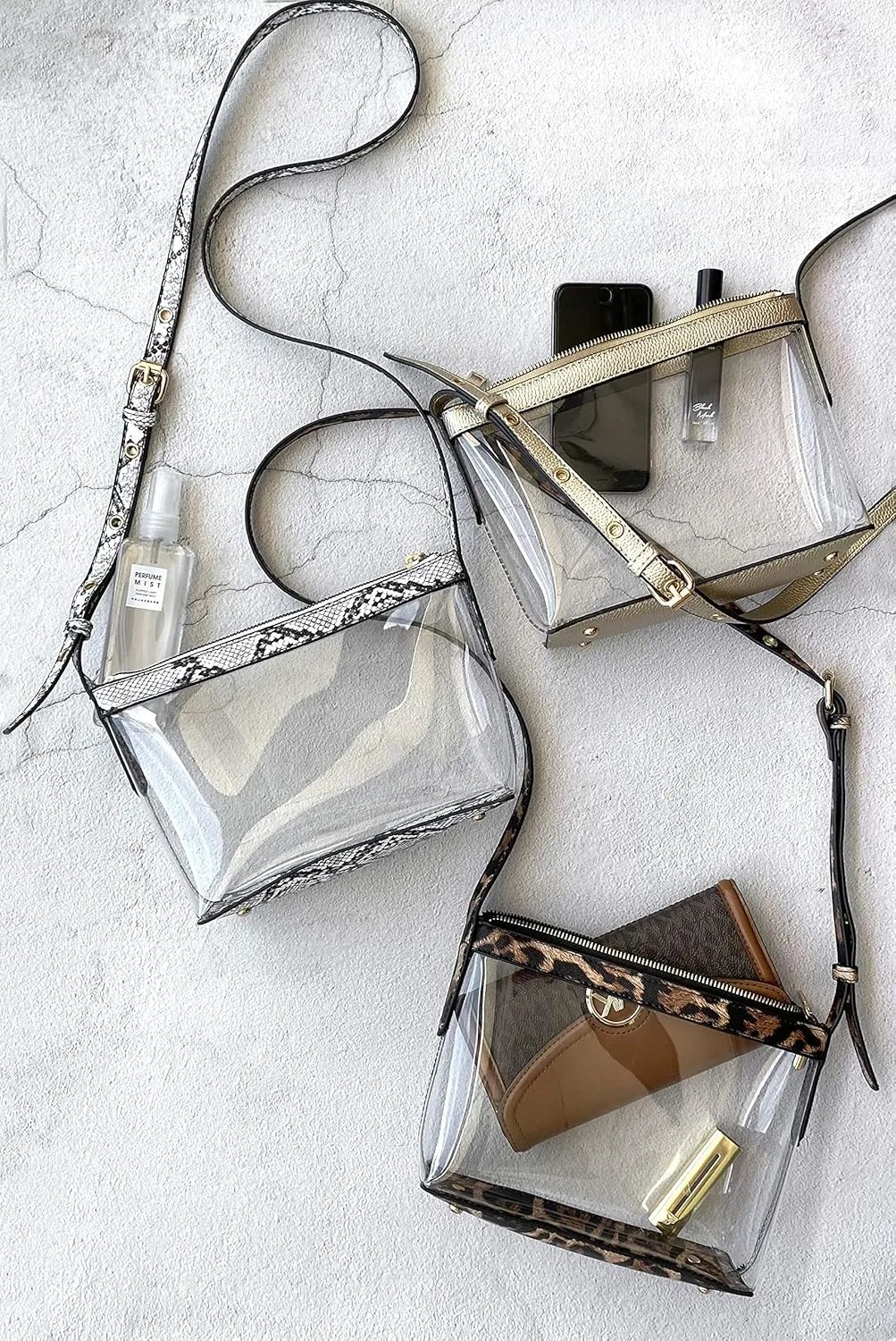 Clear Zipper Cross Body Bag with Vegan Leather Trim
