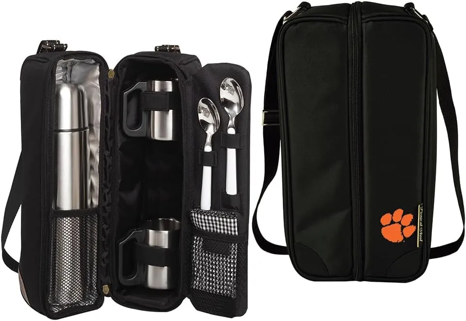 Clemson University Licensed Travel Coffee Tote for 2 Including Stainless Vacuum Flask, Cups and Teaspoons- Designed & Assembled in The USA