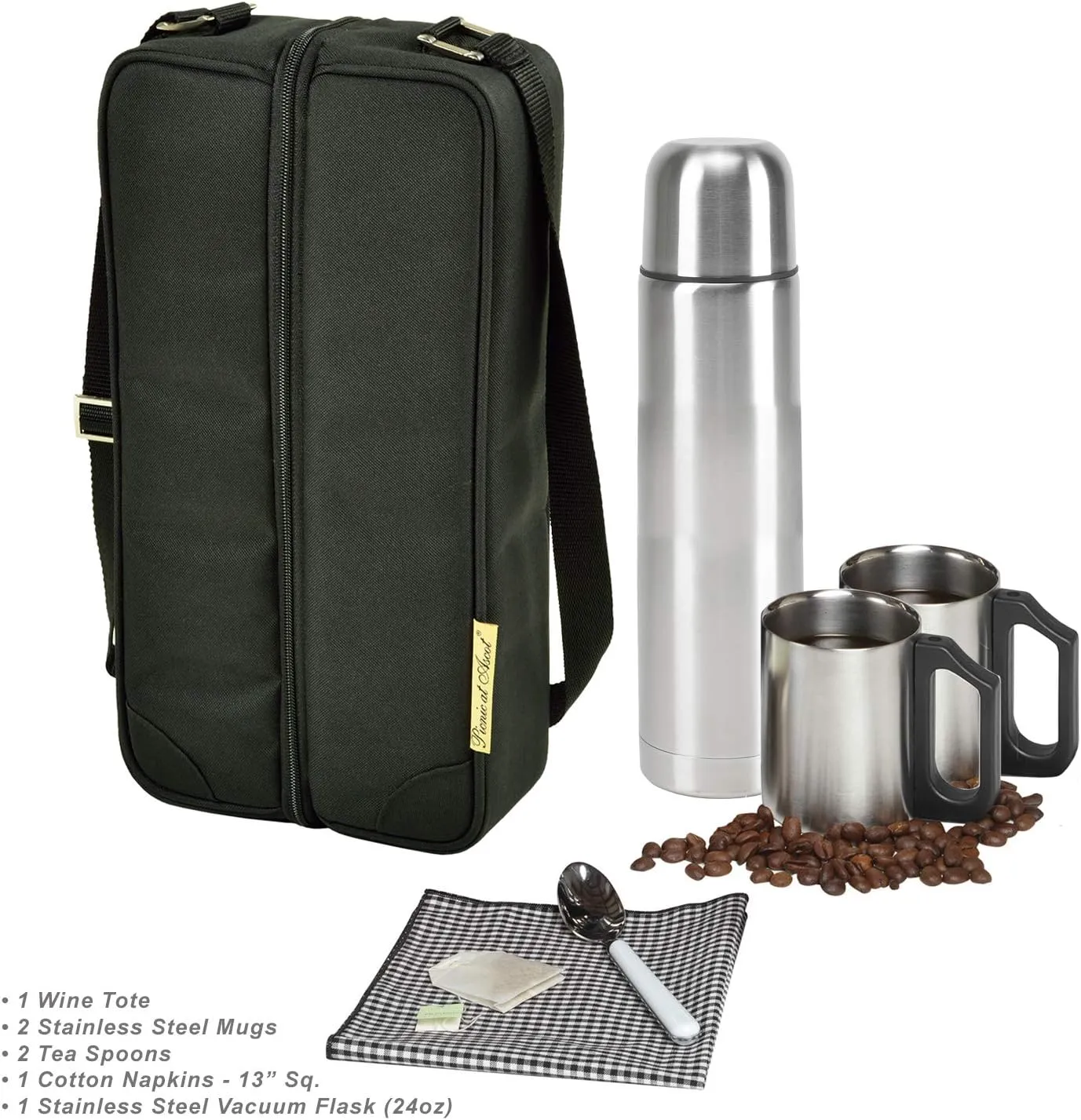 Clemson University Licensed Travel Coffee Tote for 2 Including Stainless Vacuum Flask, Cups and Teaspoons- Designed & Assembled in The USA