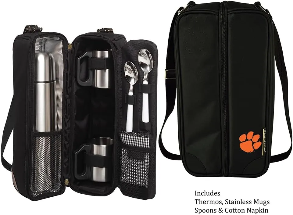 Clemson University Licensed Travel Coffee Tote for 2 Including Stainless Vacuum Flask, Cups and Teaspoons- Designed & Assembled in The USA