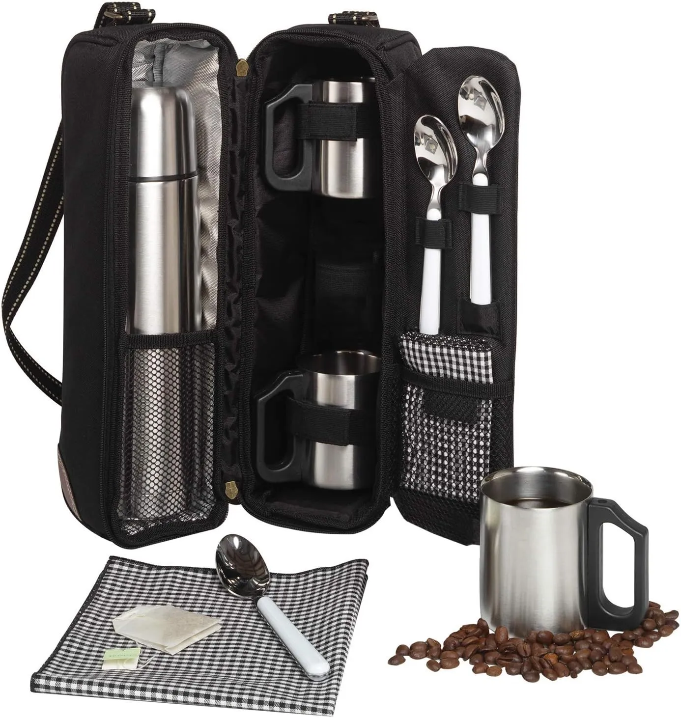 Clemson University Licensed Travel Coffee Tote for 2 Including Stainless Vacuum Flask, Cups and Teaspoons- Designed & Assembled in The USA