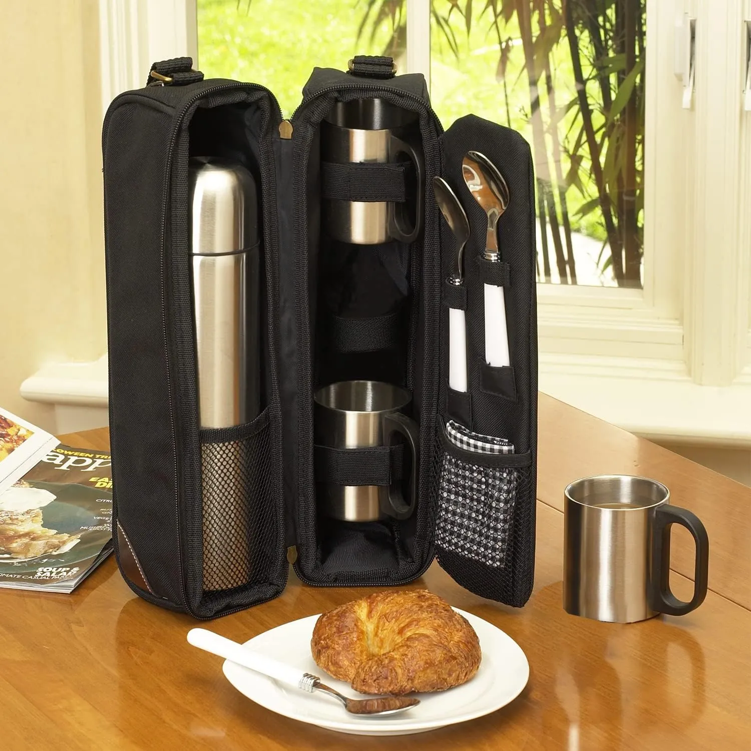 Clemson University Licensed Travel Coffee Tote for 2 Including Stainless Vacuum Flask, Cups and Teaspoons- Designed & Assembled in The USA